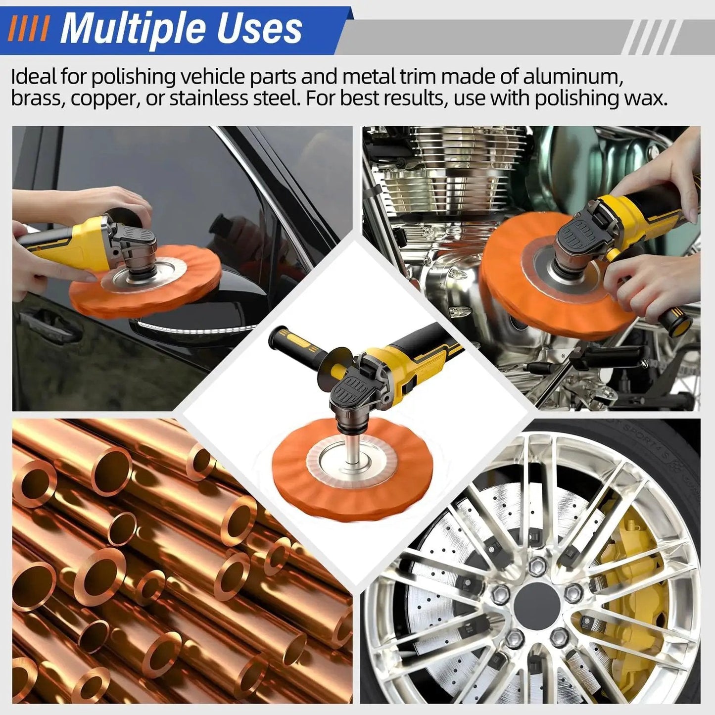 Pro Grade 8 Inch Buffing Wheel Polishing Kit For Four Point Five Inch Angle Grinder With Nine Pieces Includes Four Wheels And Five Aluminum Compound Bars Five Eighth Inch Arbor Car Metal And Paint Finishing For A Mirror Finish in use