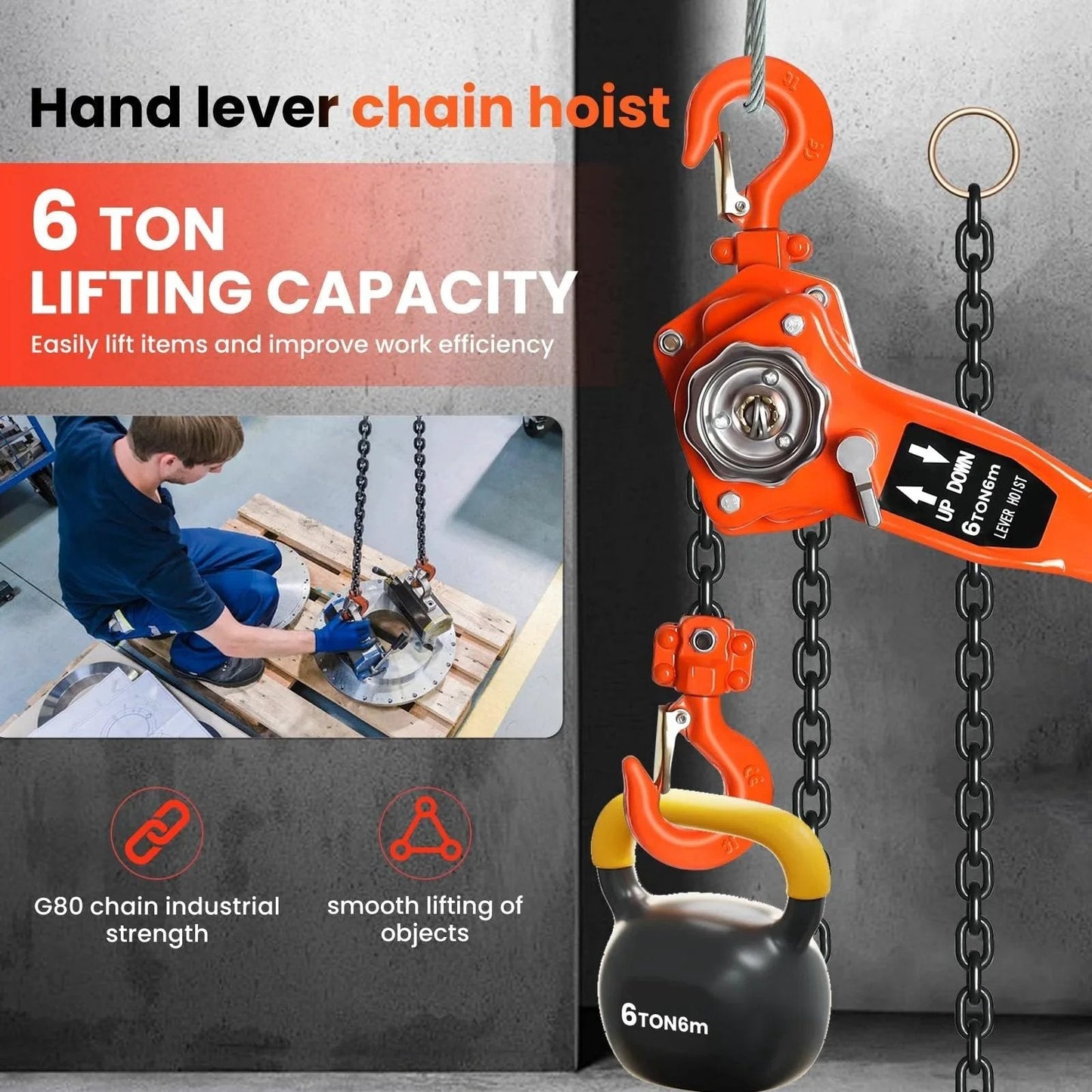6 Ton Manual Lever Chain Hoist With 20 Ft Lift Height Heavy Duty Come Along Winch dual pawl brake in use lifting a heavy object