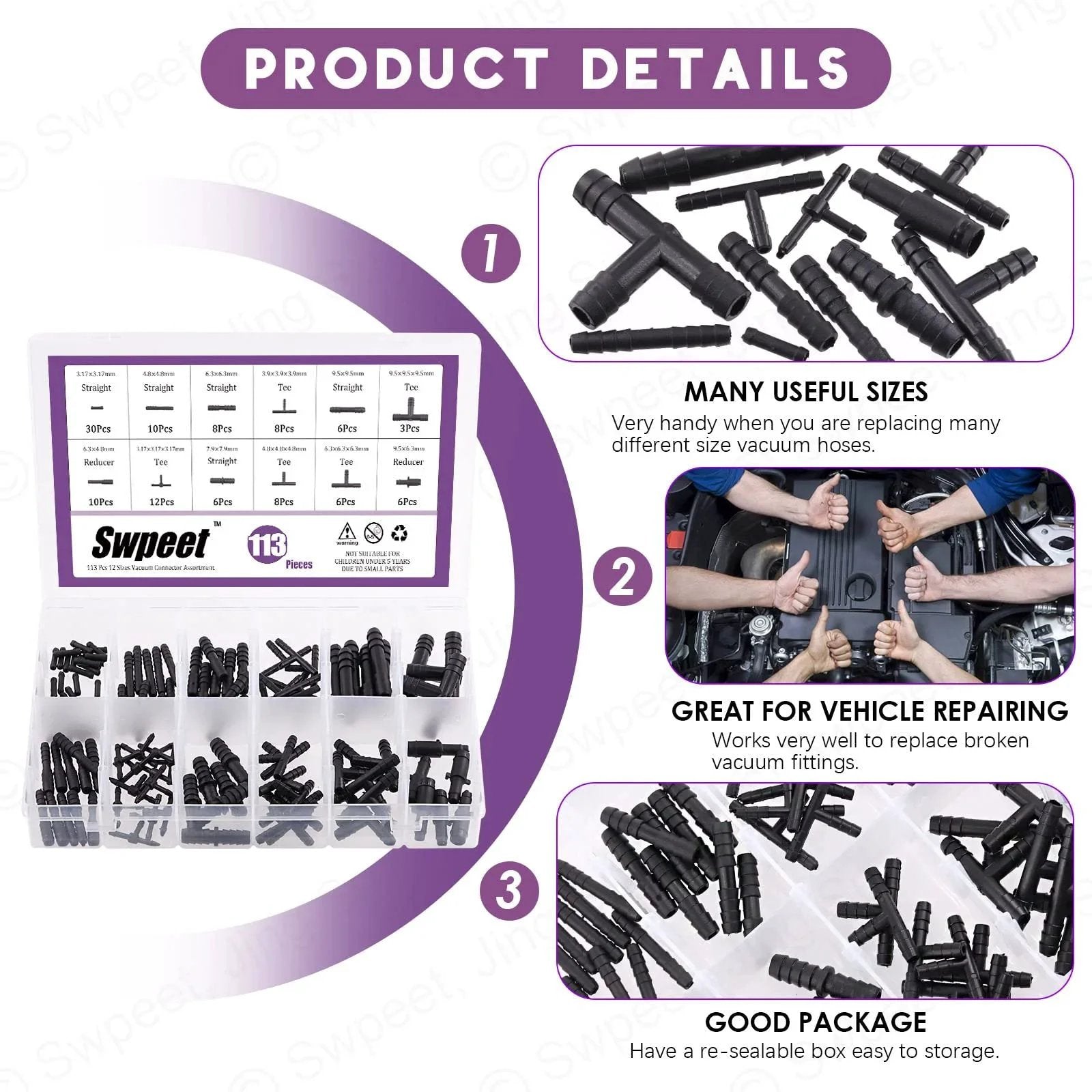 All In One 113 Piece Barbed Vacuum Connector Kit With Tee Connectors Reducers And Straight Hose Fittings For Replacing Vacuum Hoses In Cars Trucks Boats And Home Appliances Swpeet product details