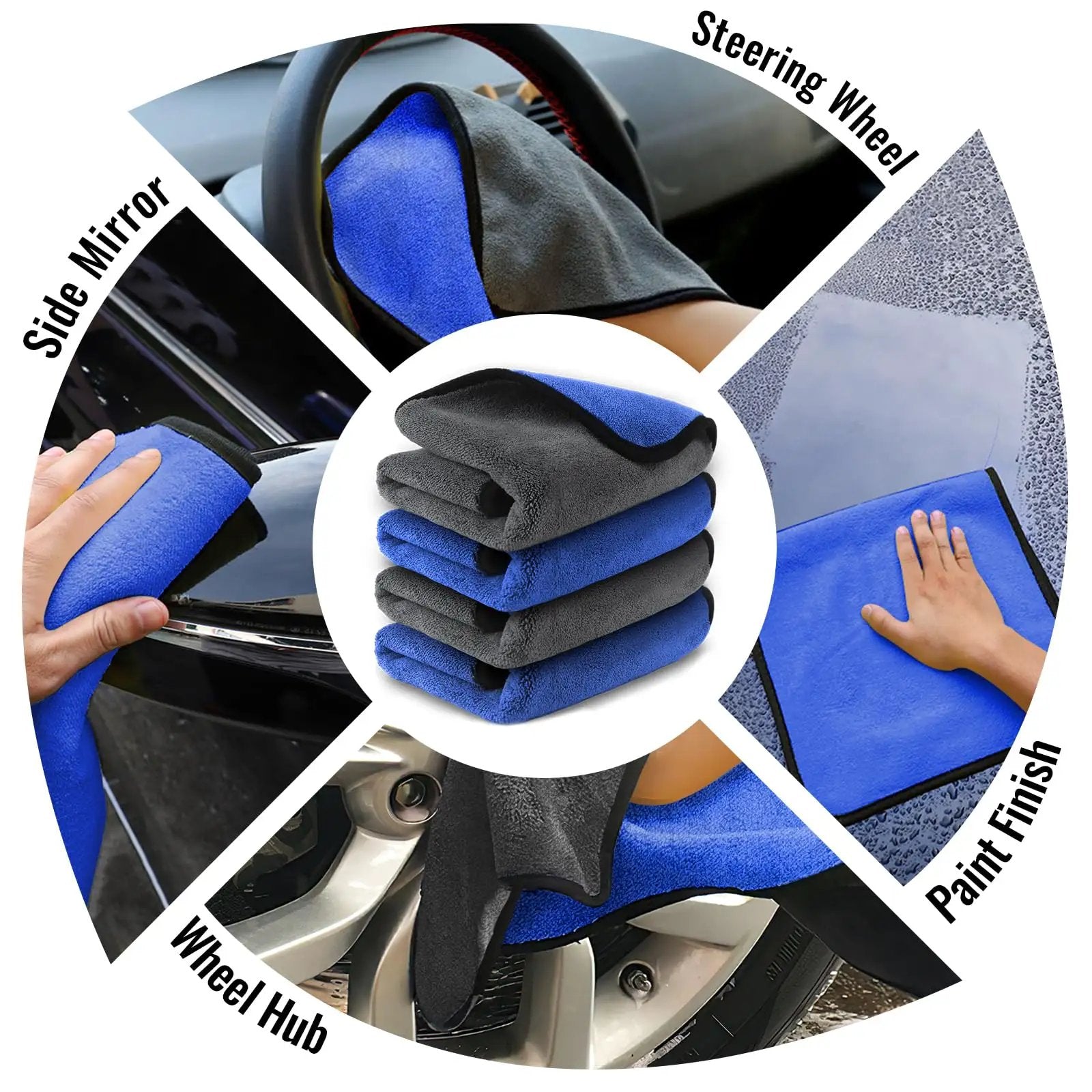 Ultra Thick 800GSM Microfiber Towels For Cars Pack Of 4 16 X 16 Inches Blue Gray shown in use on car steering wheel, side mirror, and paint finish.