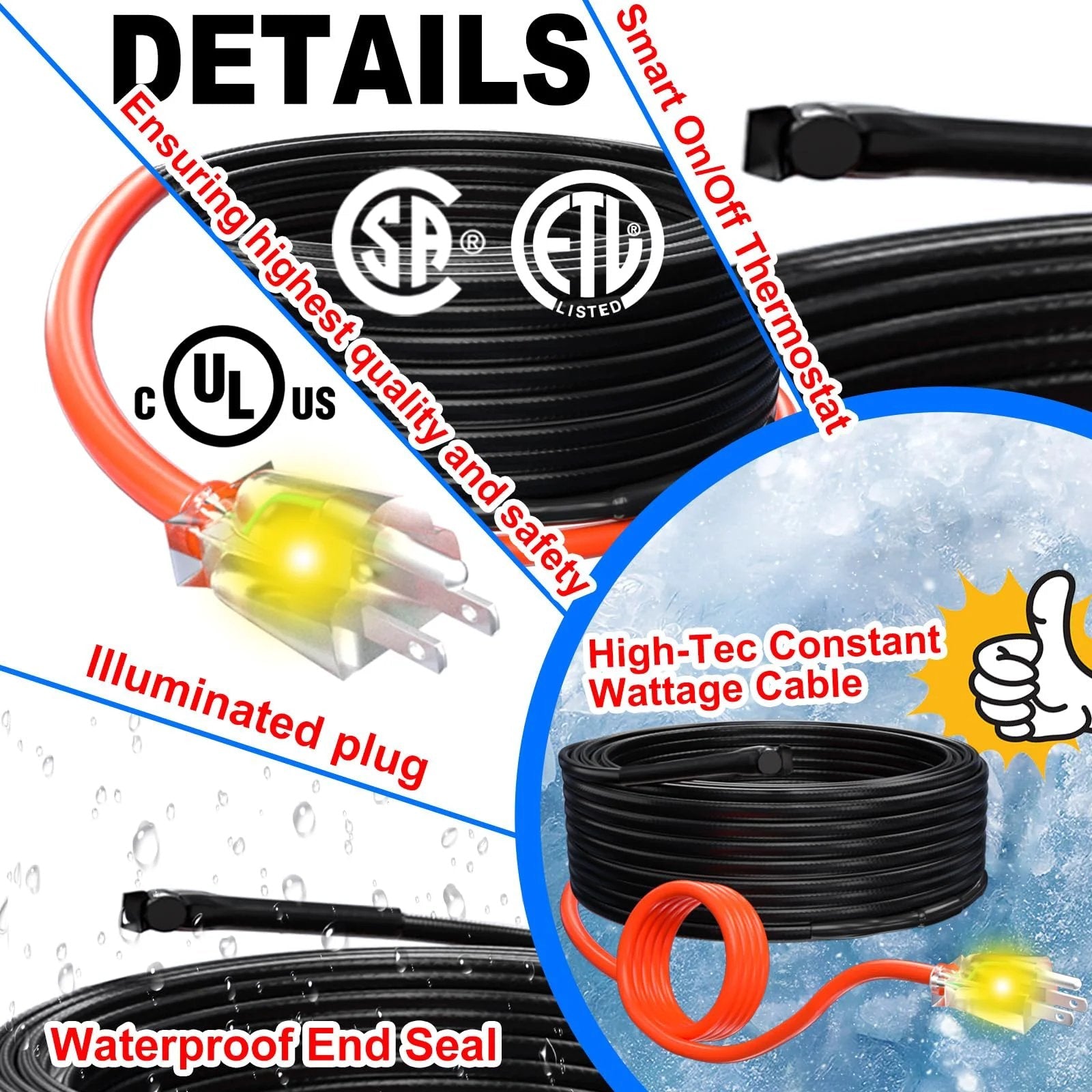 Self Regulating Pipe Heating Cable That Prevents Freezing And Keeps Water Flowing 120 Volt 6 Foot Heat Tape For Water Pipes CSA And ETL Certified Energy Efficient Durable 7 Watt Per Foot Reliable Performance For Home And Garage HeatIt with illuminated plug, waterproof end seal, and thermostat