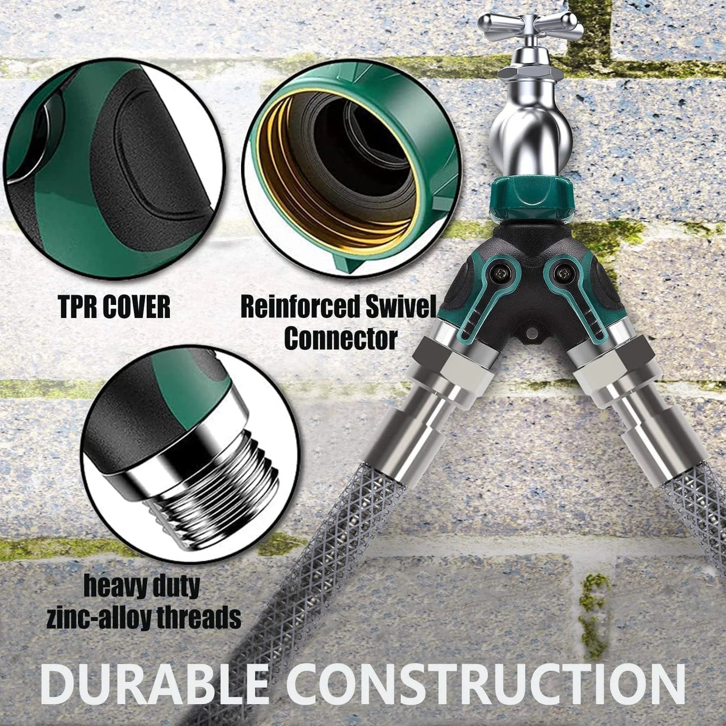 Close-up of Garden Hose Splitter 2 Way With Long Handle Shut Off Valve Double Y Connector, featuring zinc alloy threads.