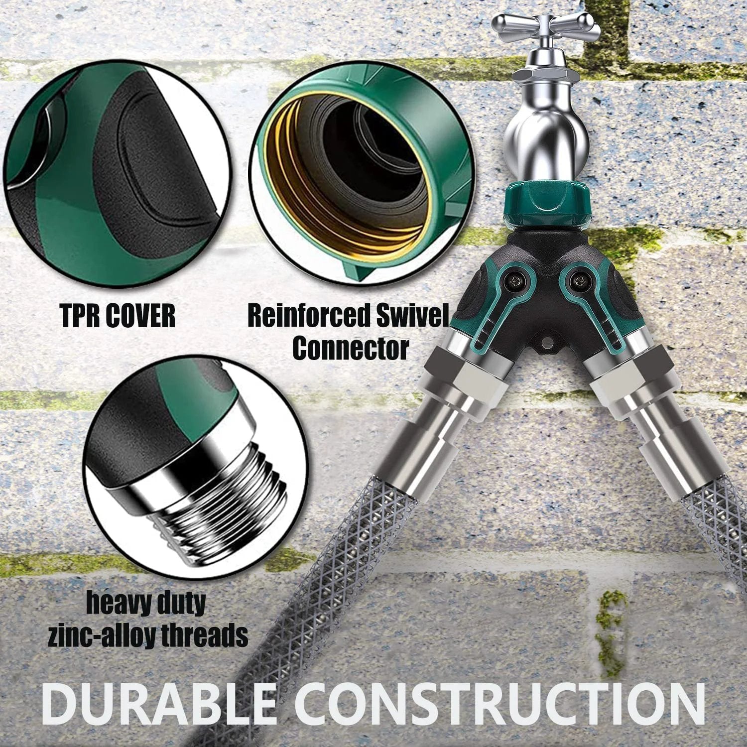 Close-up of Garden Hose Splitter 2 Way With Long Handle Shut Off Valve Double Y Connector, featuring zinc alloy threads.
