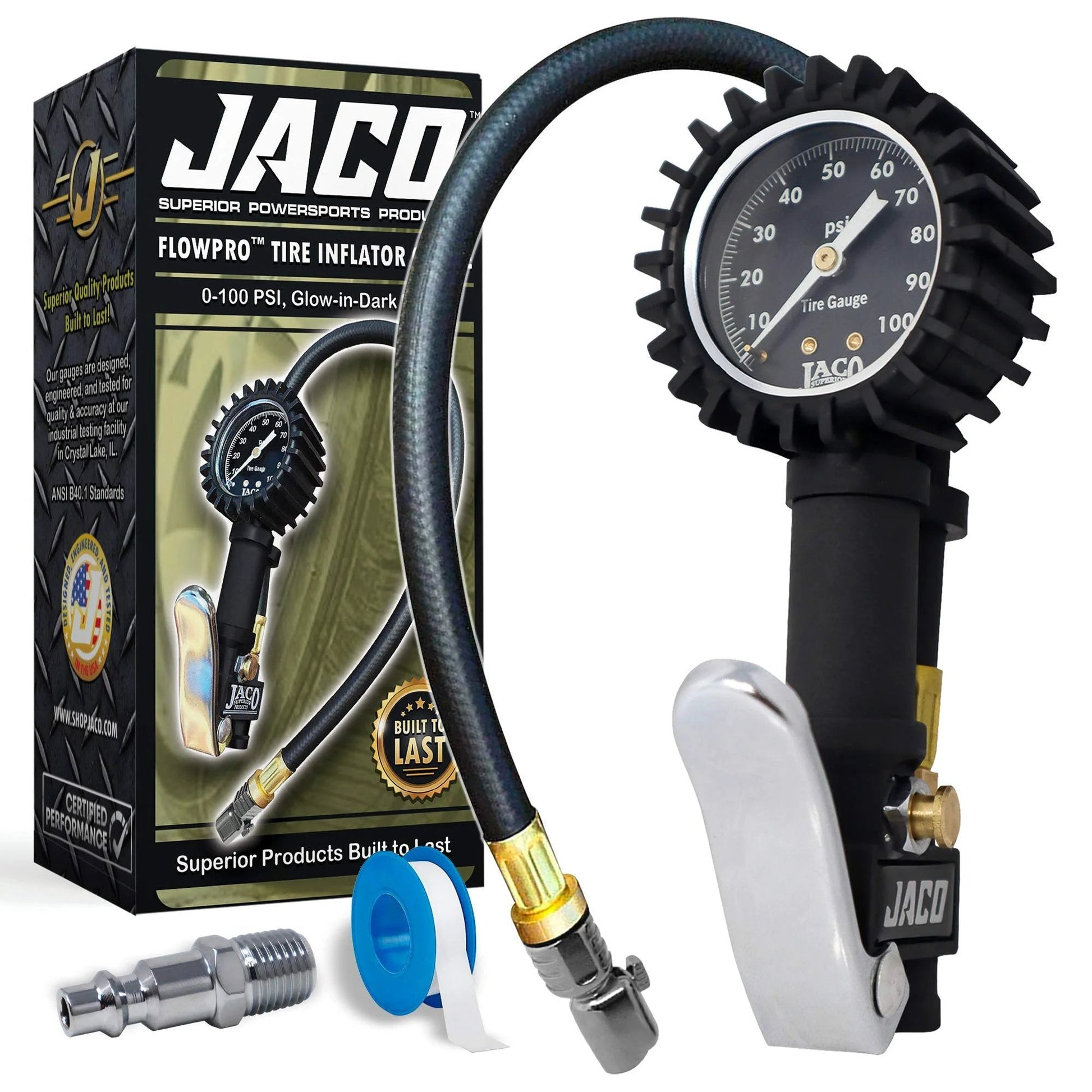 FlowPro Tire Inflator With Pressure Gauge Up To 100 PSI Mechanical Tire Pump, heavy-duty steel, night glow dial, side view.