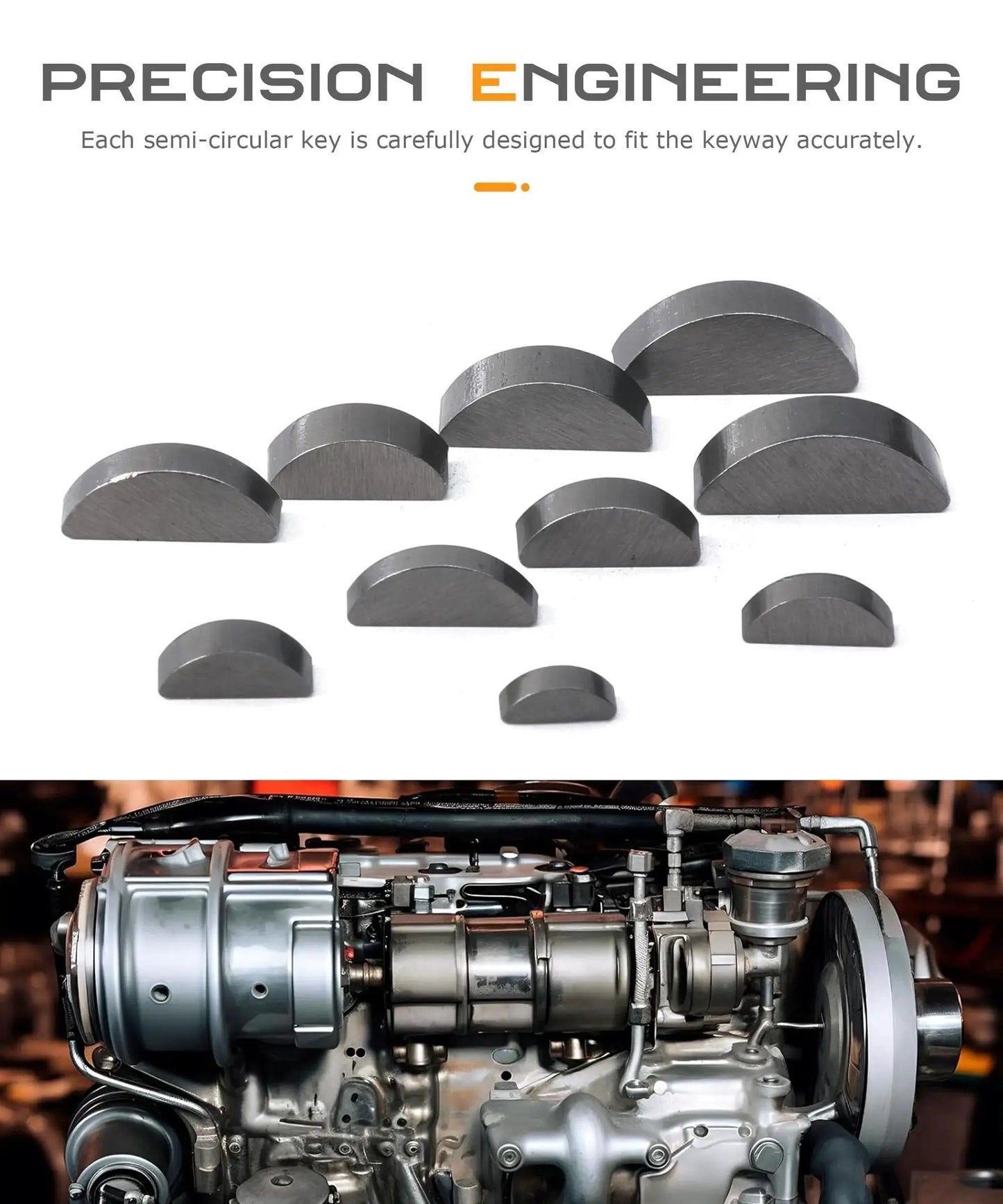 Woodruff Key Set 120 Piece Semicircle Key Assortment With 10 Sizes Half Moon Keys For Flywheel Applications, shown with engine.