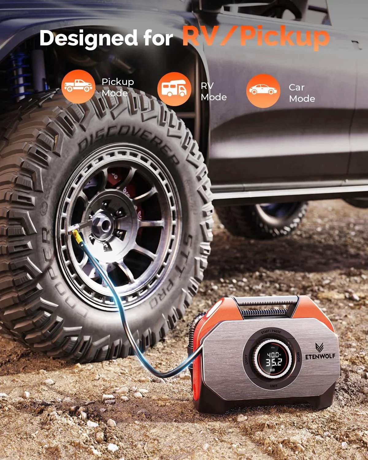 Vortex S6 Cordless Tire Inflator For Cars And Trucks Heavy Duty Inflation Ultra Fast With 19200mAh Battery in use by ETENWOLF