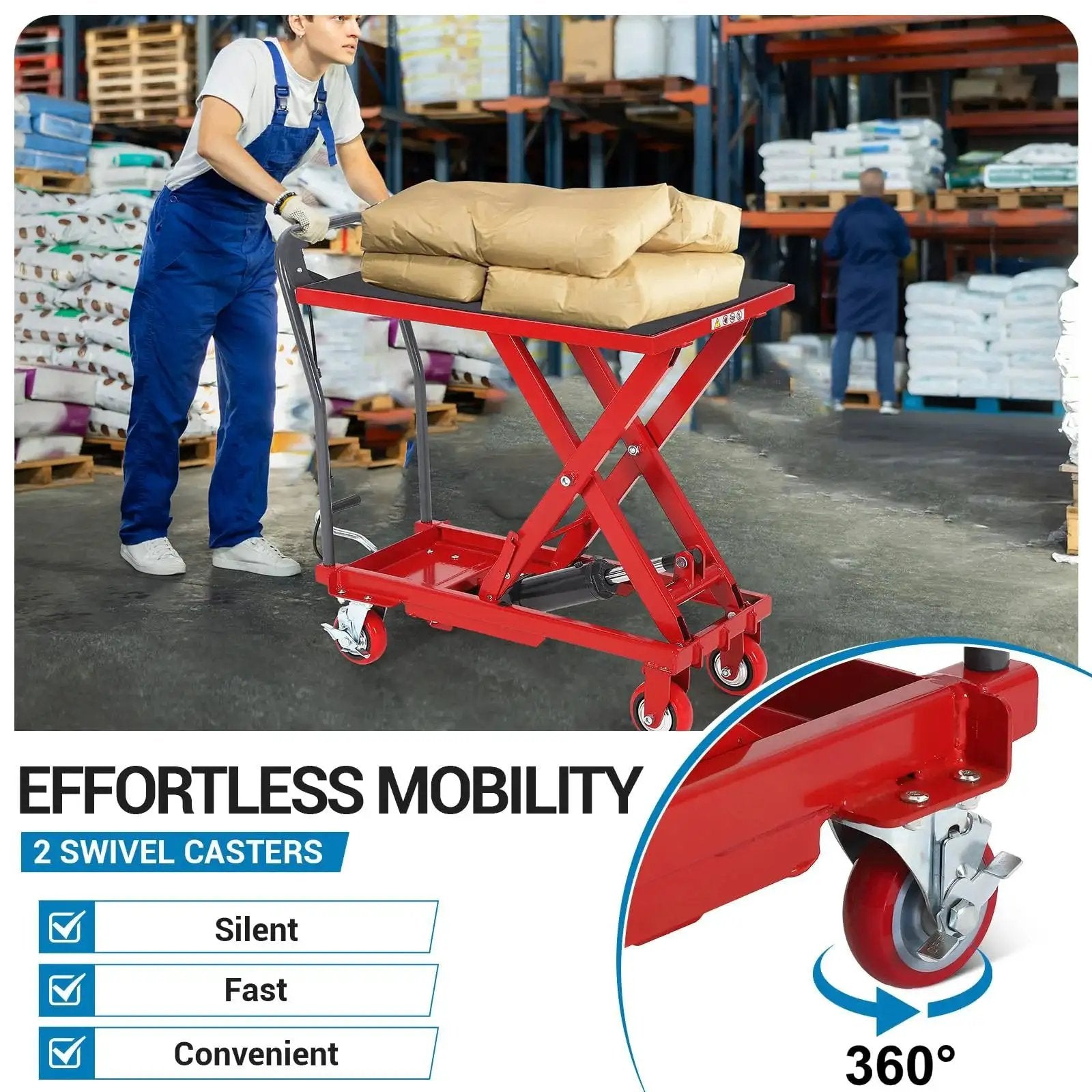 Worker using 500 Lb Hydraulic Lift Table Cart With 28.5 Inch Lift And Non Slip Pad Red in warehouse with swivel casters.