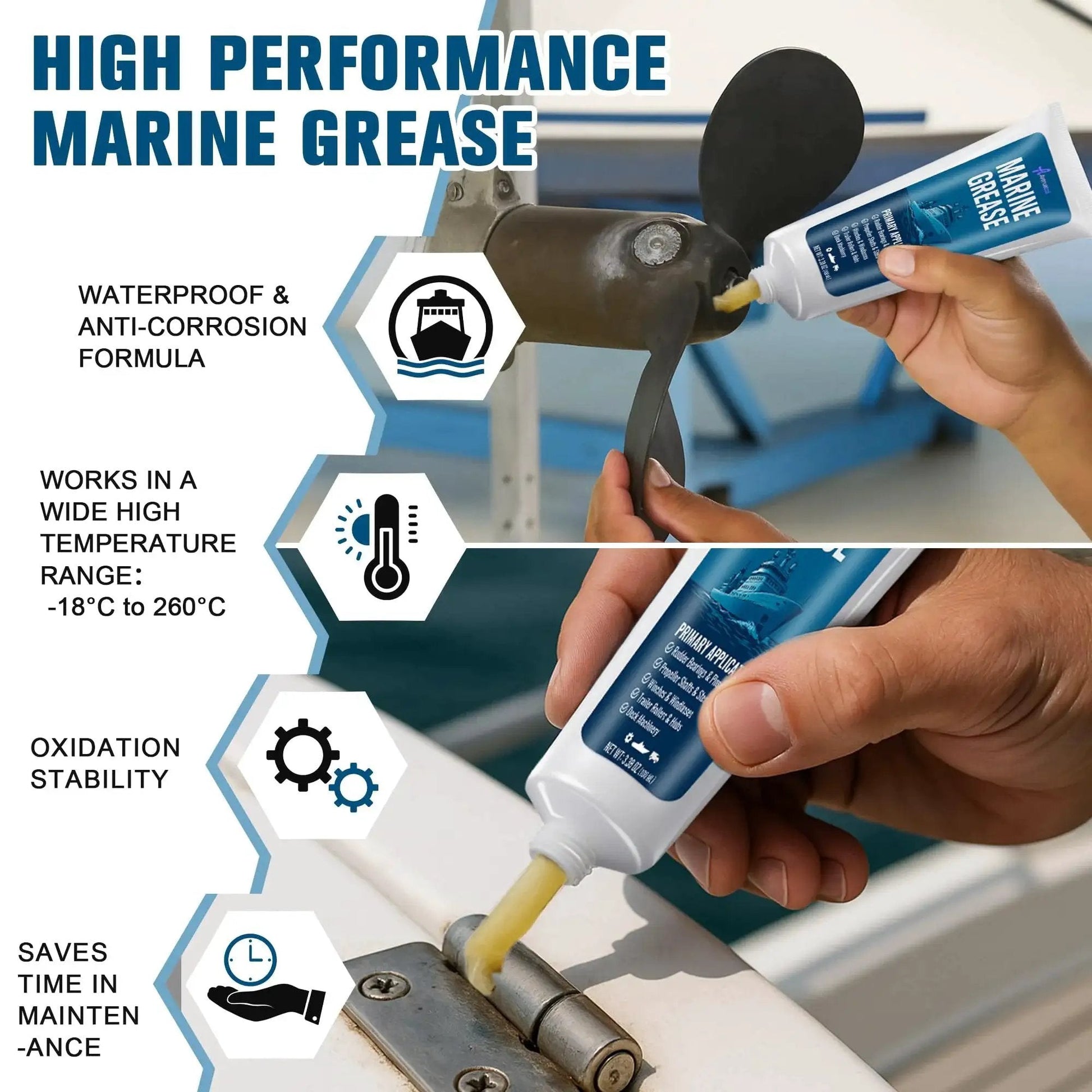 Person applying Premium Marine Grade Grease Two Pack For Boat Maintenance, 200 Ml Tubes, Waterproof High Temp Bearing Lubricant For Propeller Shafts And Rudder Bearings on a boat propeller shaft.