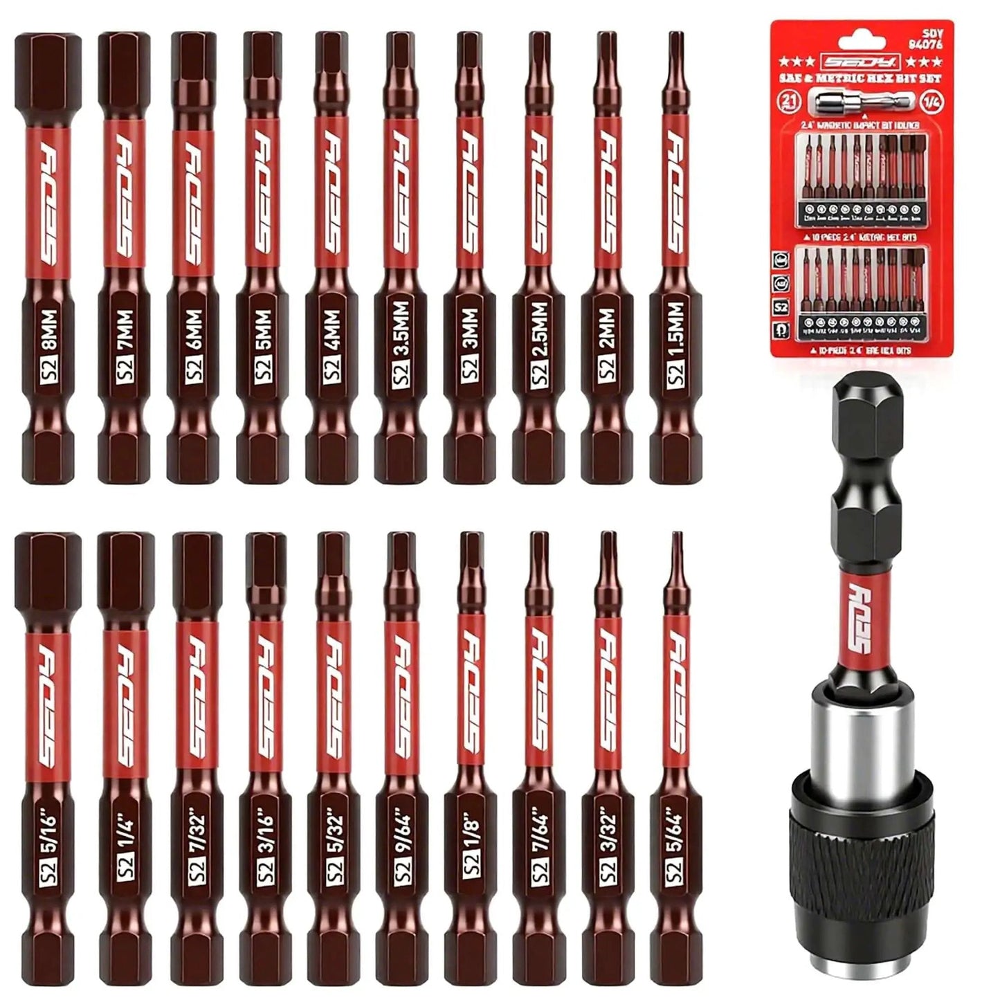 Ultimate 21 Piece 2.5 Inch Hex Head Allen Wrench Drill Bit Set With One Quarter Inch Hex Driver Bits, Magnetic Impact Bit Holder, SAE And Metric Allen Keys, S2 Steel Construction For Home And Auto Repairs displayed with bits and holder