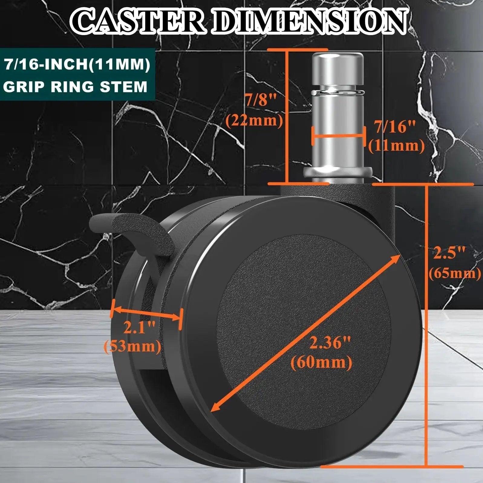 Side view of Office Chair Wheels With Brakes 2.36 Inch Diameter Locking Caster Replacement showing dimensions and stem size