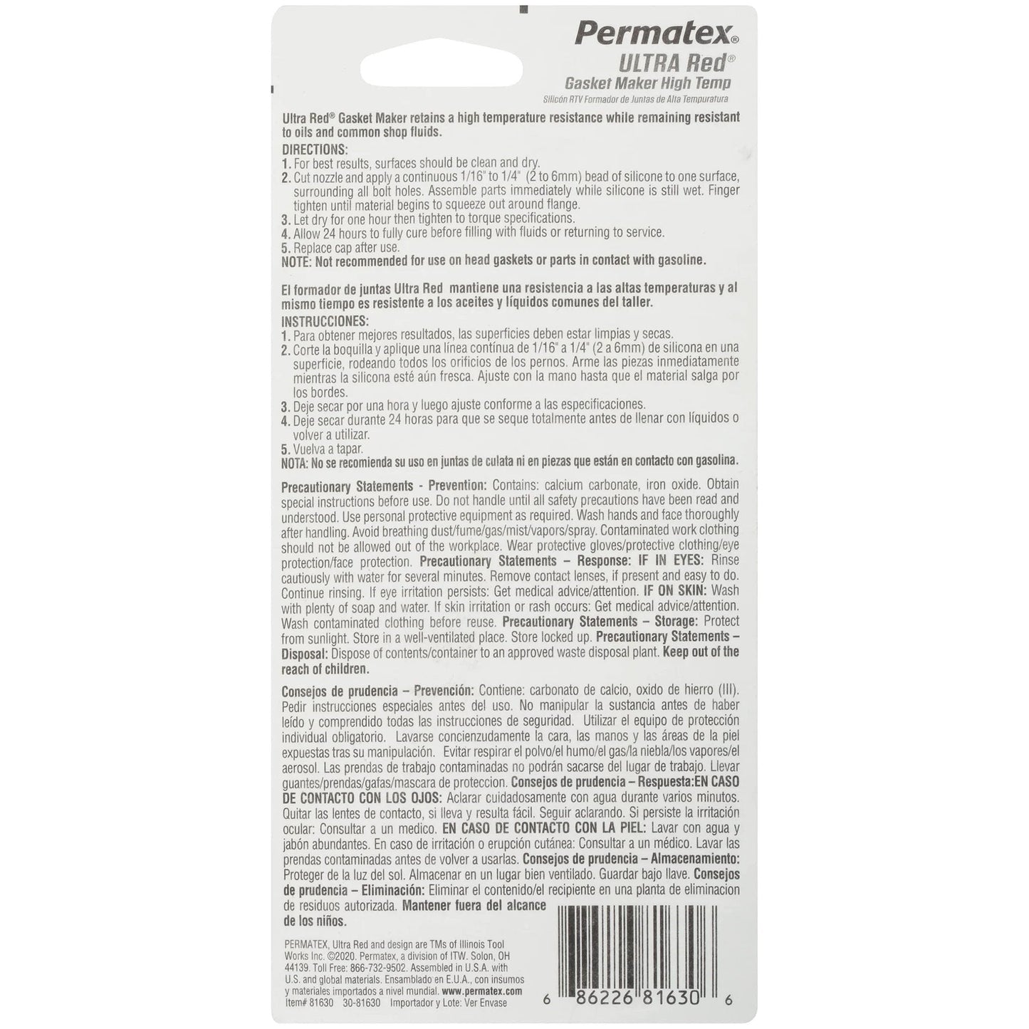 Back view of package for Ultra Red High Temperature Gasket Maker For Automotive Gaskets 3 Oz By Permatex with instructions and barcode
