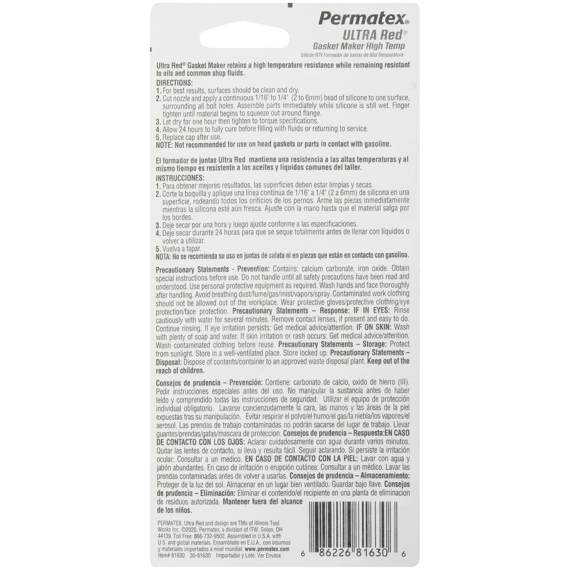 Back view of package for Ultra Red High Temperature Gasket Maker For Automotive Gaskets 3 Oz By Permatex with instructions and barcode
