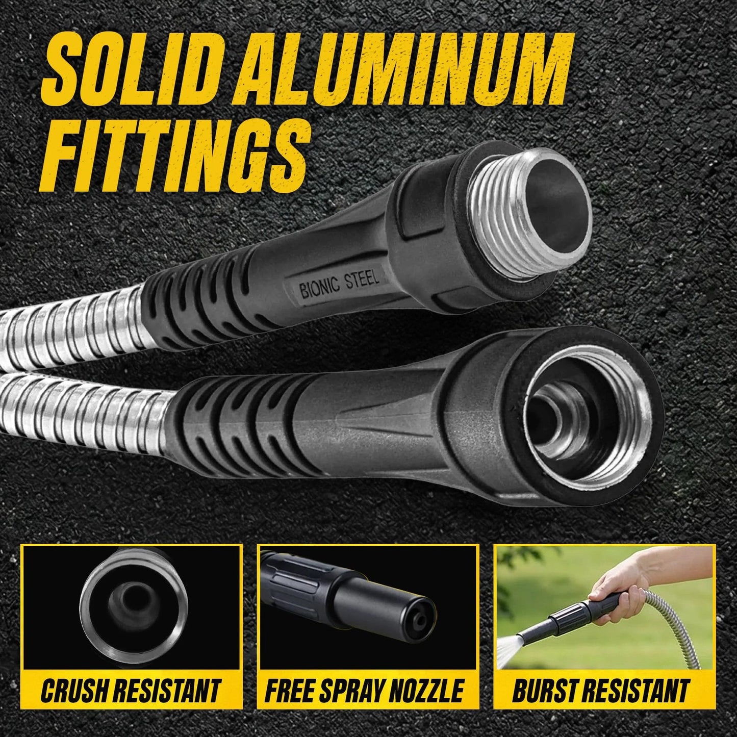 Close-up of Ultra Durable 50 Ft Five Eighth Inch Stainless Steel Garden Hose With Sprayer Nozzle, showing solid aluminum fittings.