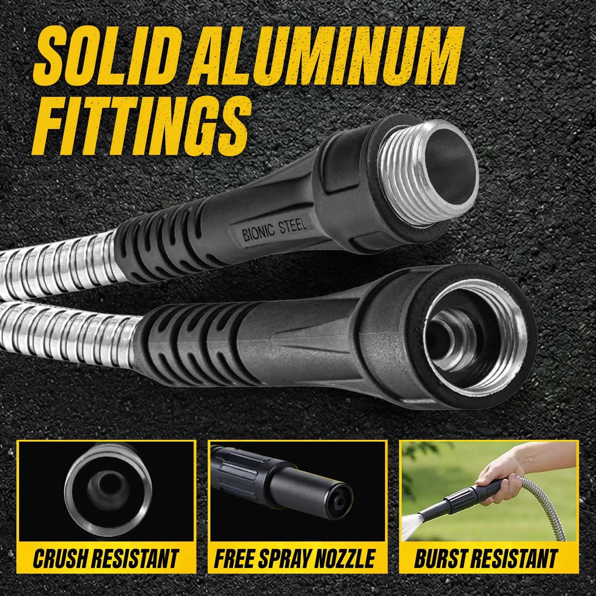 Close-up of Ultra Durable 50 Ft Five Eighth Inch Stainless Steel Garden Hose With Sprayer Nozzle, showing solid aluminum fittings.