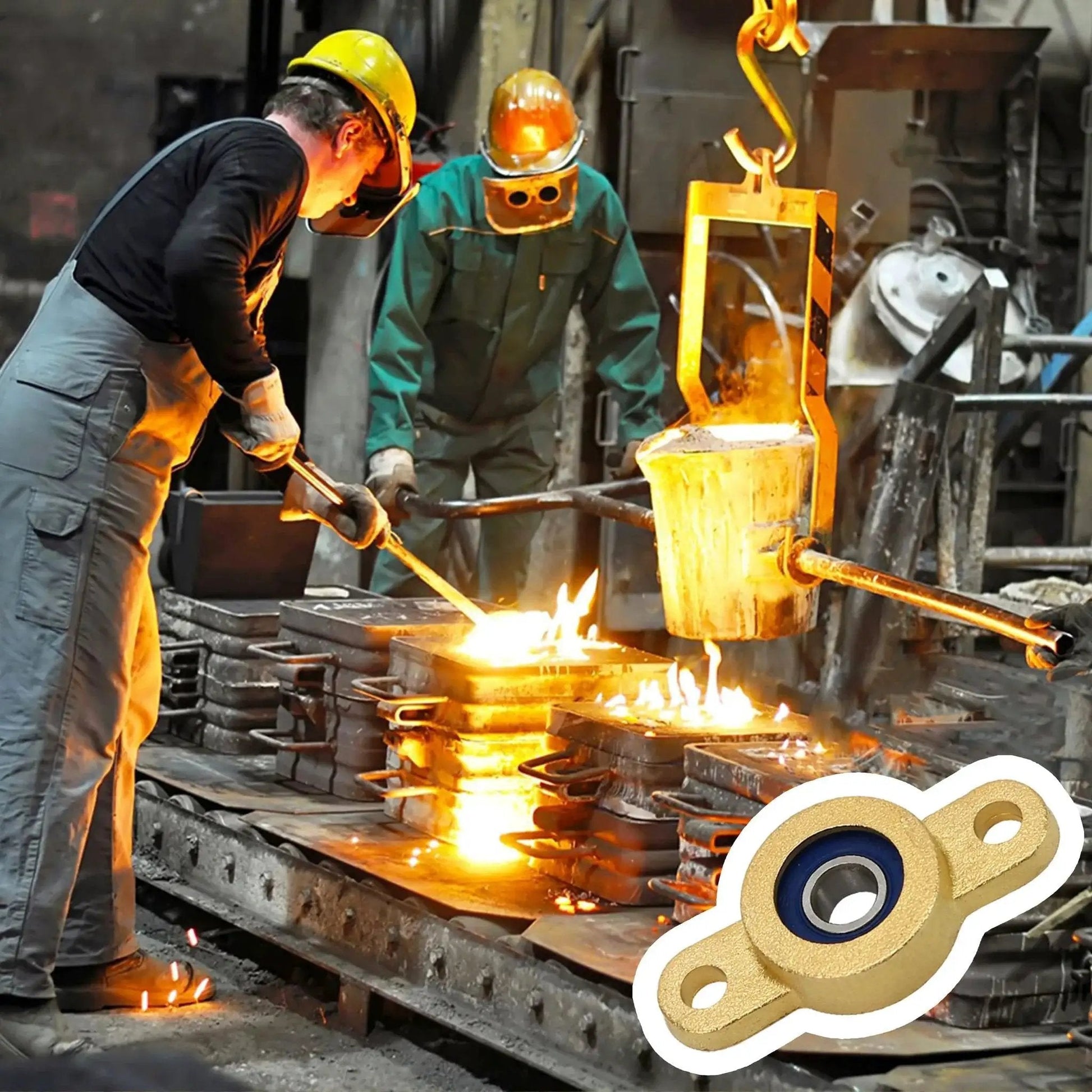 Industrial setting with workers pouring metal and inset of Two Pack Pillow Block Bearing For 6.35mm Shaft With One Quarter Inch Bore.