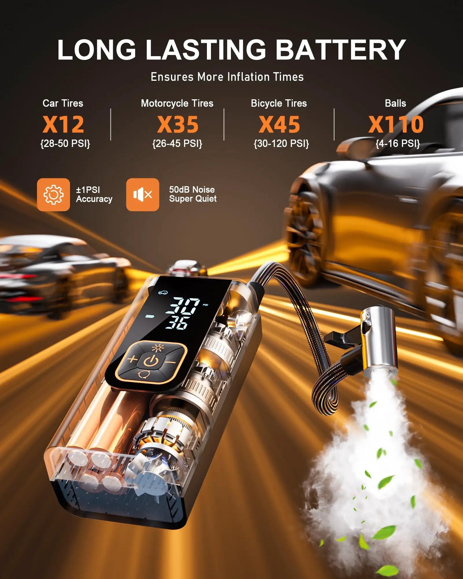 Tire Inflator Portable Air Compressor That Delivers 6X Faster Inflation to 180 PSI Electric Car Tire Pump With Pressure Gauge for Car Tires Obsidian Black displaying battery life and pressure settings.