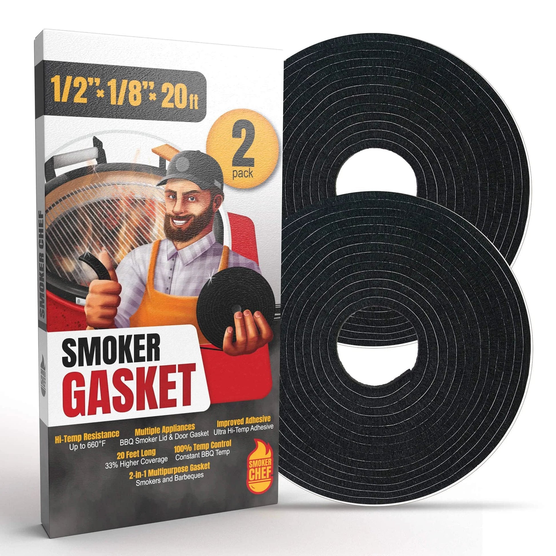 Grill Gasket Upgrade For Smokers And BBQ Folks With Twenty Foot High Temp Seal Kit And Ten Foot Self Stick Nomex Fire Tape Black One Half Inch By One Eighth Inch Heat Resistant Gasket Kit packaging and rolls