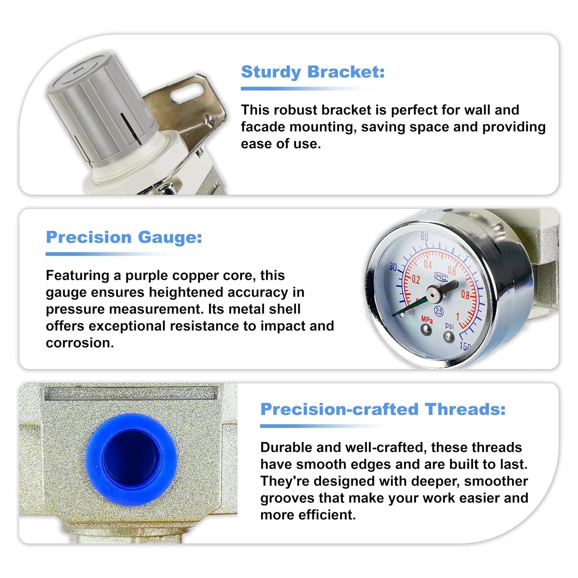 Pro Grade Air Regulator For Compressors With 0.25 Inch Port And 0 To 150 PSI Gauge Bracket Included 20 SCFM Flow