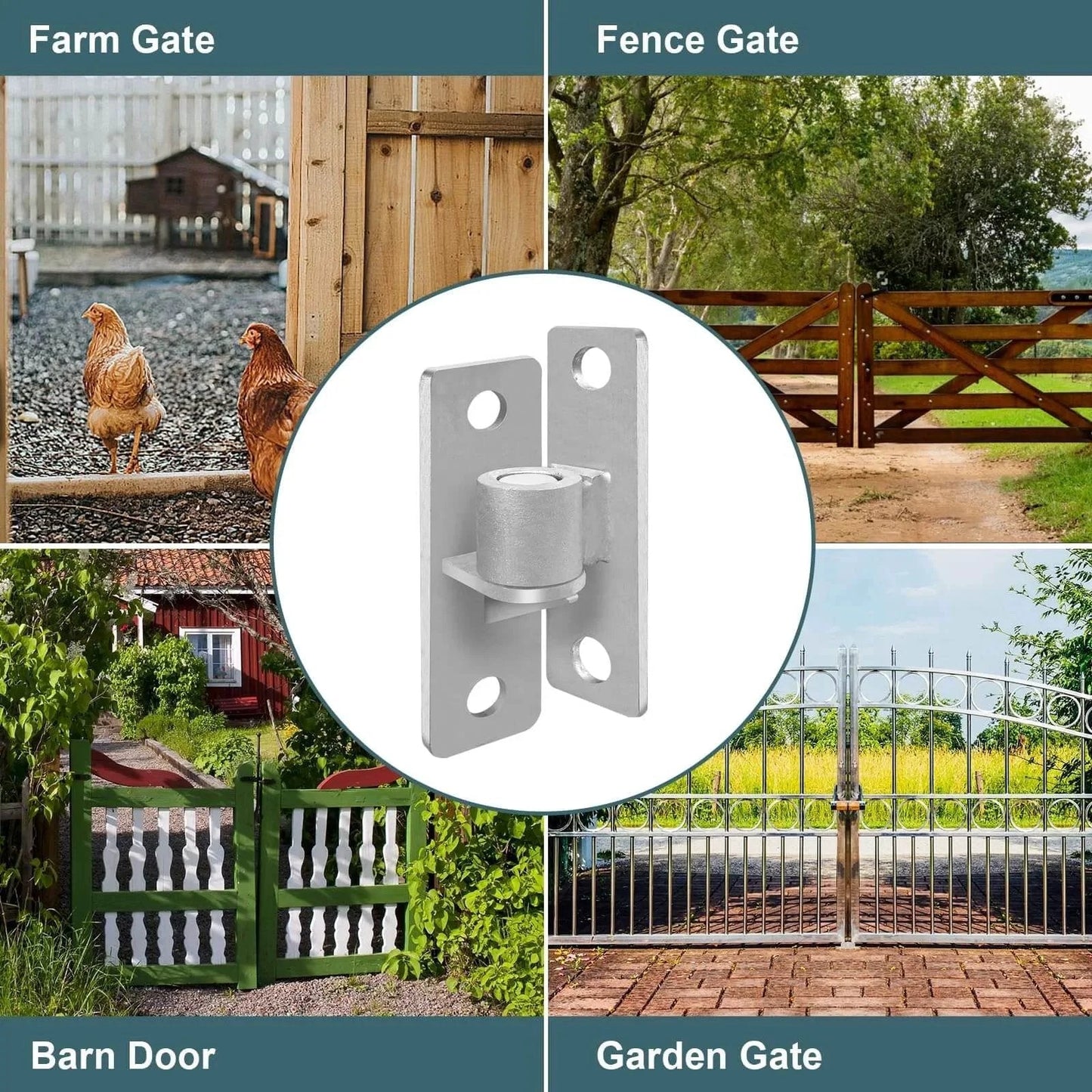 4 Pack Heavy Duty Gate Hinge Set with farm, fence, barn, and garden gate applications, stainless steel, industrial grade.
