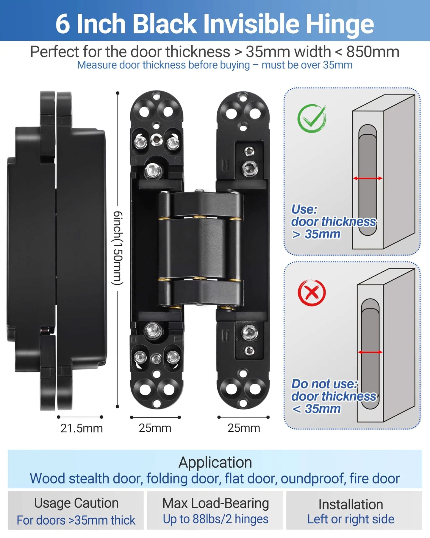 Image showing 6 Inch Black Invisible Door Hinge dimensions with 3 way adjustable and 180 degree swing labeled for proper installation.