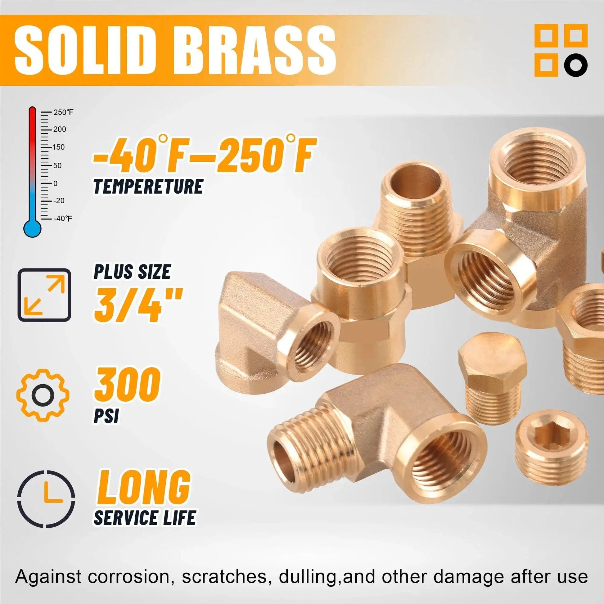 Brass Pipe Fittings Kit 156 Pcs NPT Adapters Reducing Bushings Hex Nipples Street Elbows Tees Plugs Caps For DIY Home Plumbing Projects By Ailbiuko One Eighth To Three Quarters Inch Sizes showing solid brass fittings, 3/4 inch size, temperature and PSI ratings.