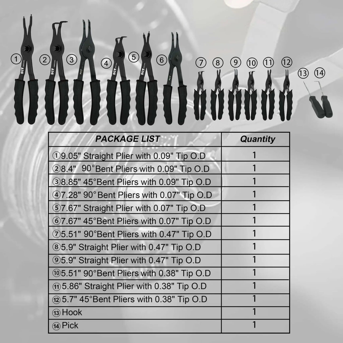 14 Piece Snap Ring Pliers Set With Internal And External Circlips Pliers Including 45 Degree Bent 90 Degree Bent And Straight Pliers