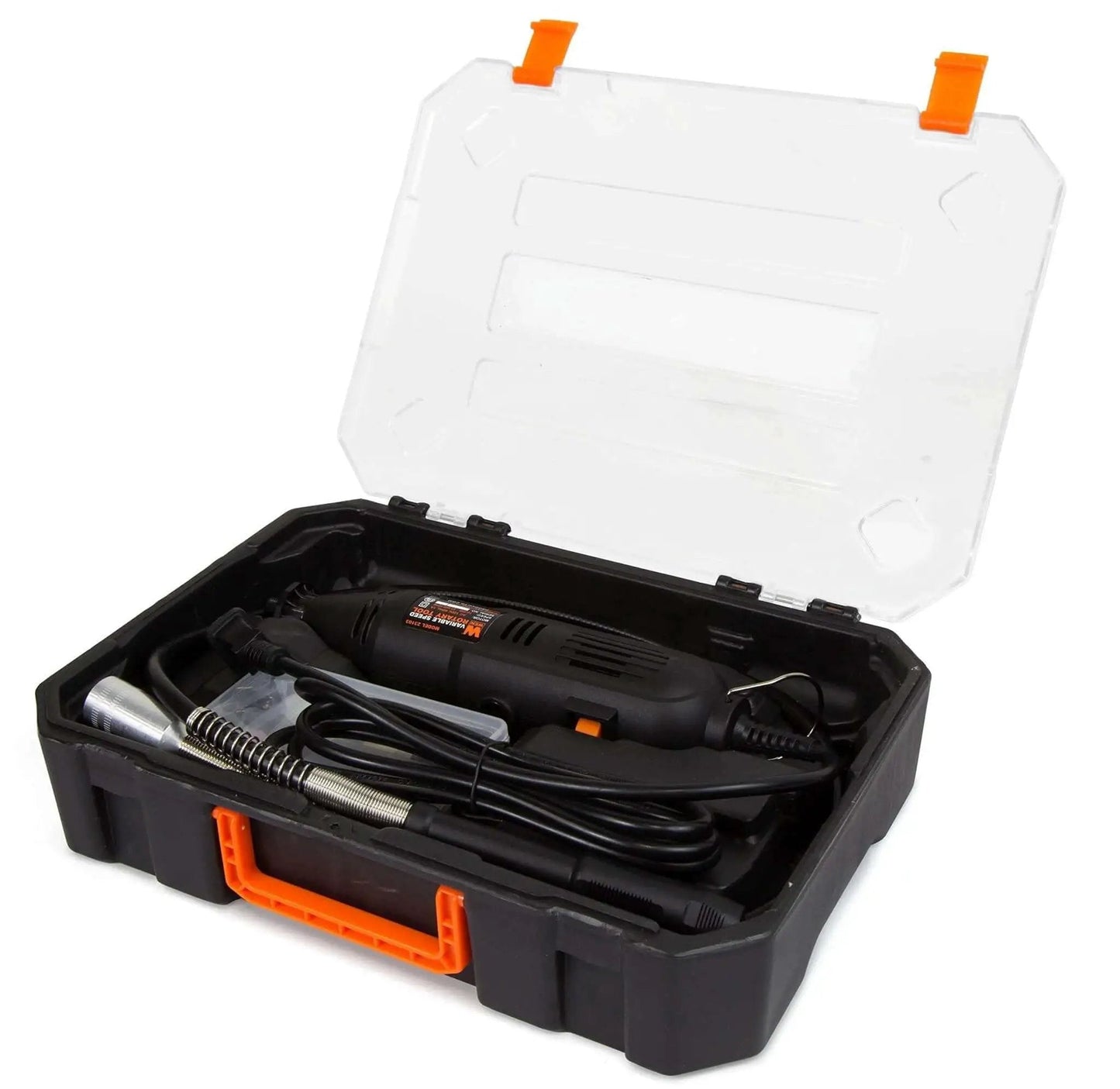 Versatile Variable Speed Rotary Tool Kit With 10,000 To 32,000 RPM, 100 Plus Accessories, Flex Shaft, And Sturdy Carrying Case, open view