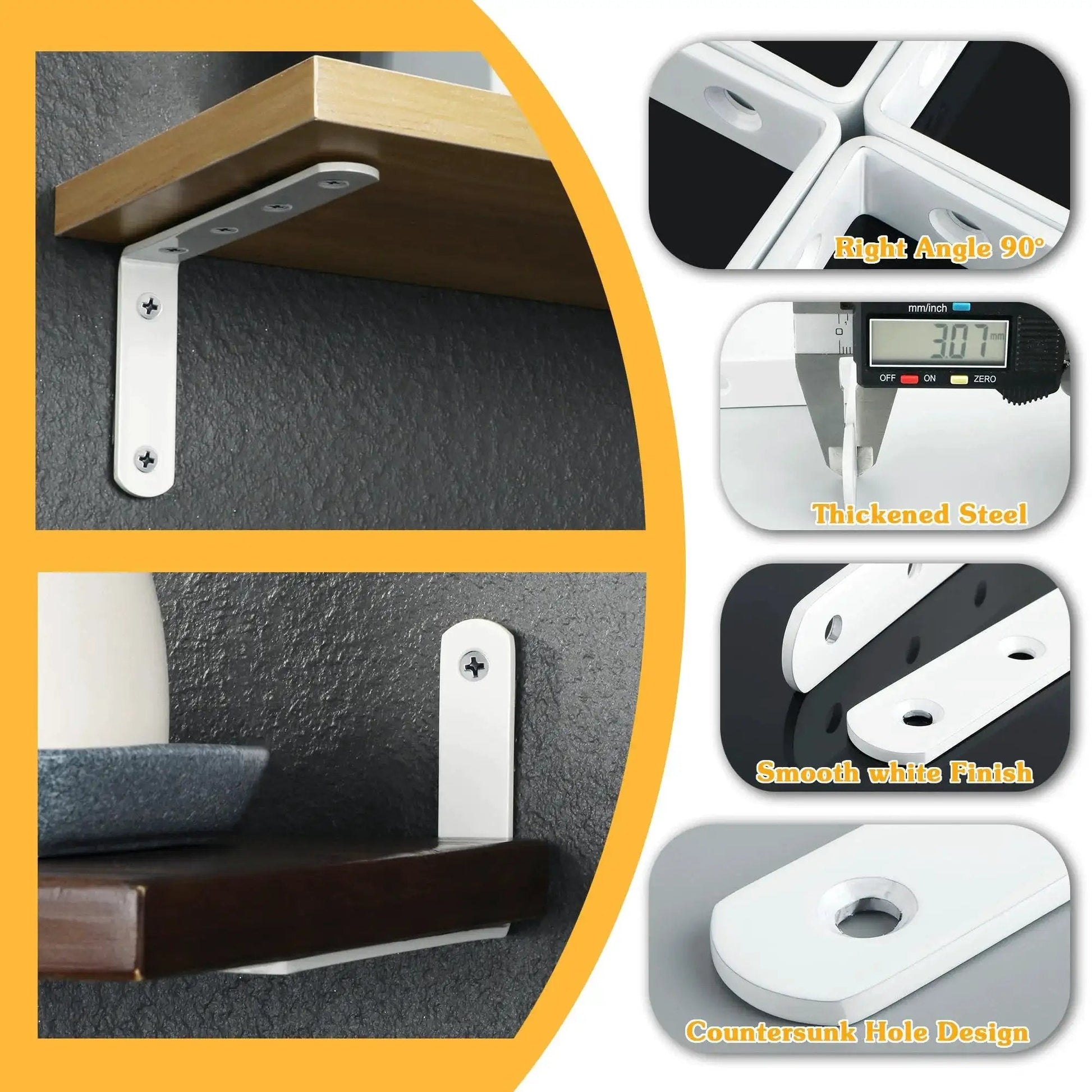 Heavy Duty L Shelf Brackets Stainless Steel 5x3 Inch White Wall Corner Braces For Wood Shelving Pack Of 4 Detail Views