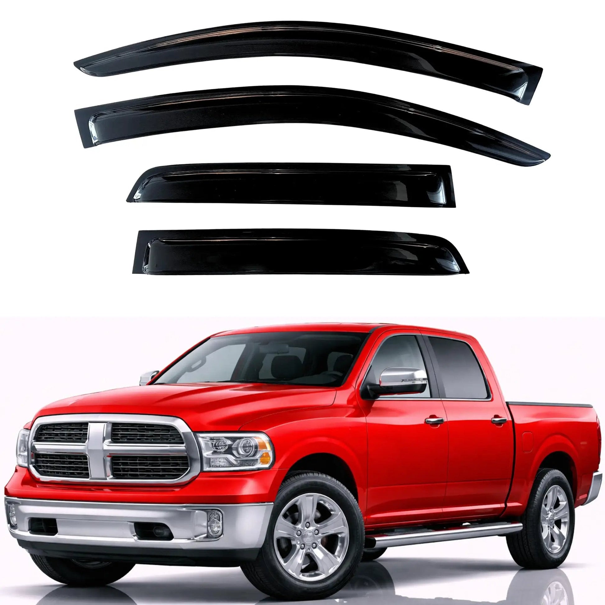 Out Channel Rain Guards Window Visors Vent Deflectors for RAM Trucks 2009 2018 RAM 1500 Crew Cab, shown with a red pickup.