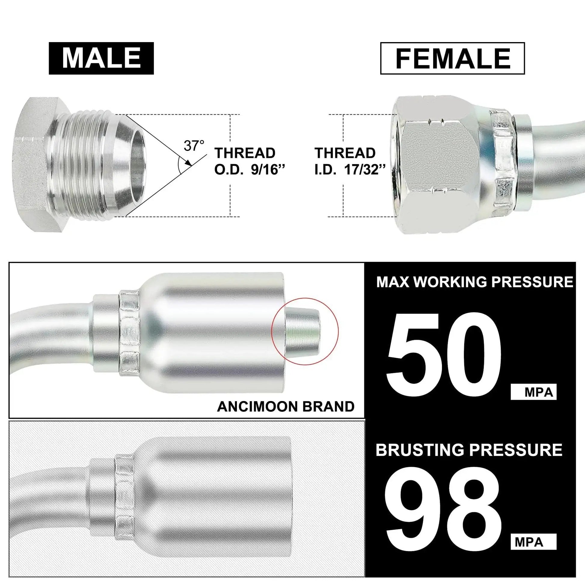 Beefy Three Eighths Inch Hydraulic Fittings 90 Degree JIC Hose Crimp Kit For Repair Of Hydraulic Lines Single Wire Hose Size 06