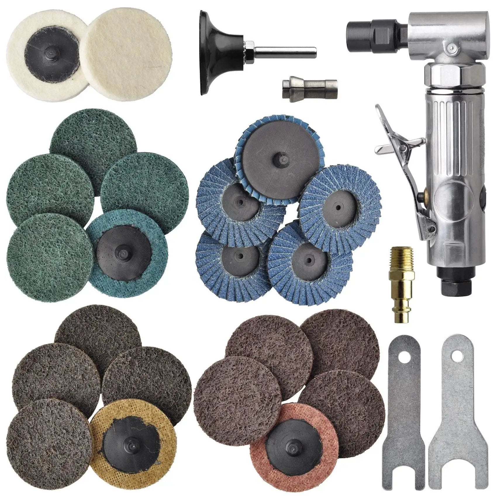 1/4 Inch Angle Air Die Grinder Kit with 22 Piece 2 Inch Roll Lock Sanding Discs, polished finish, 90 degree head, for tight spaces