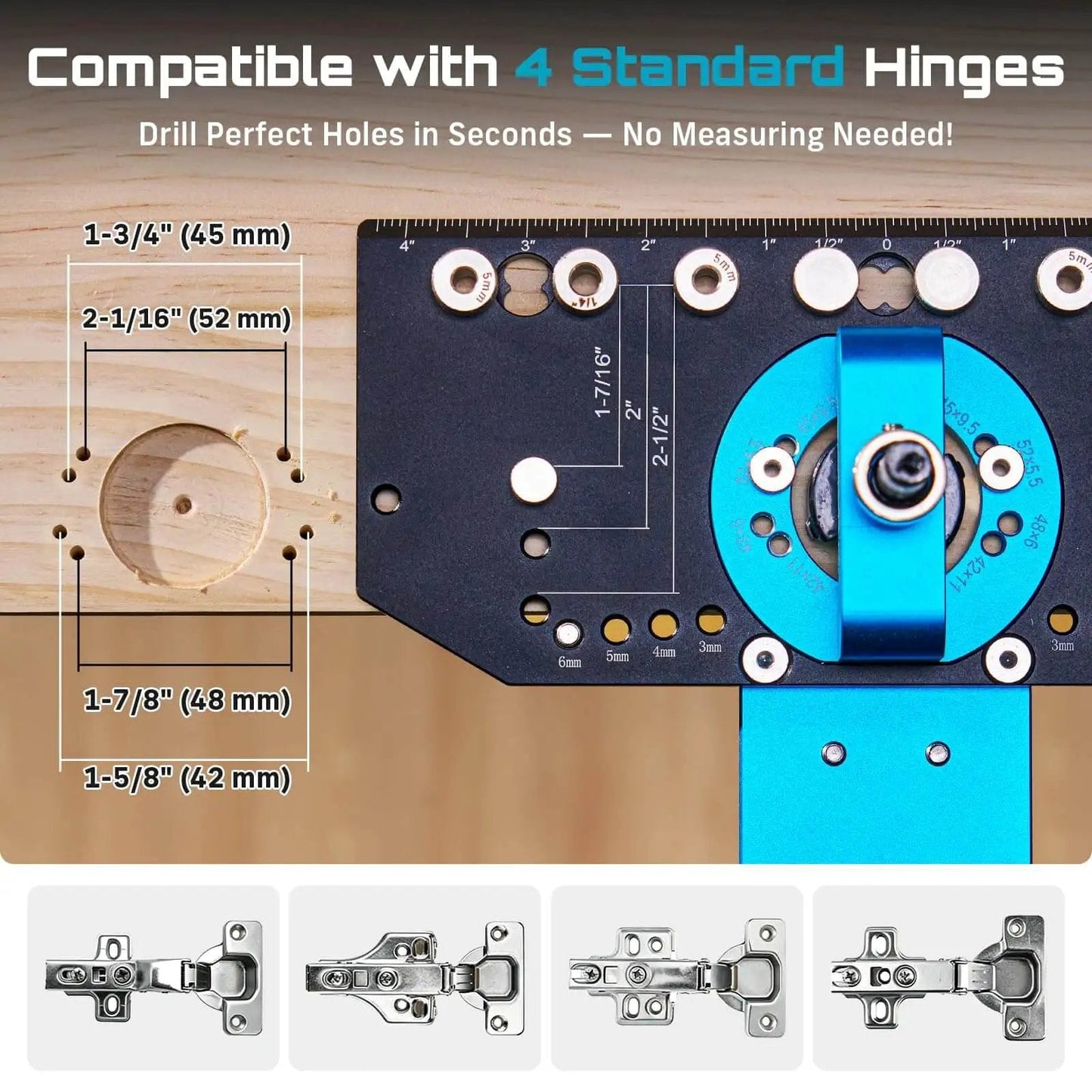 Three In One Cabinet Hardware Jig Made From Aluminum Alloy For 35mm Concealed Hinges shown with multiple hinge compatibility.