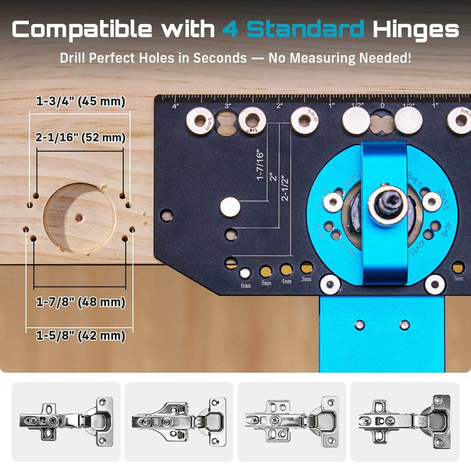 Three In One Cabinet Hardware Jig Made From Aluminum Alloy For 35mm Concealed Hinges shown with multiple hinge compatibility.