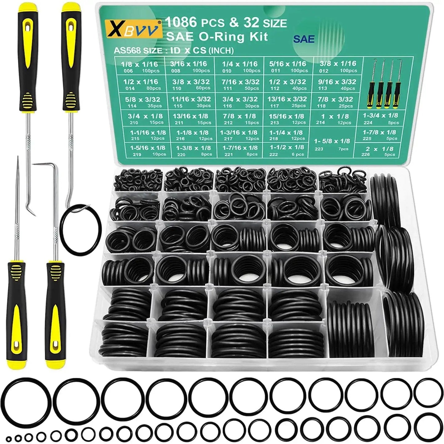 Must-Have 1086-Piece SAE O Ring Assortment Kit With 32 Standard Buna N Rubber Sizes And 4 Pick And Hook Tools displayed