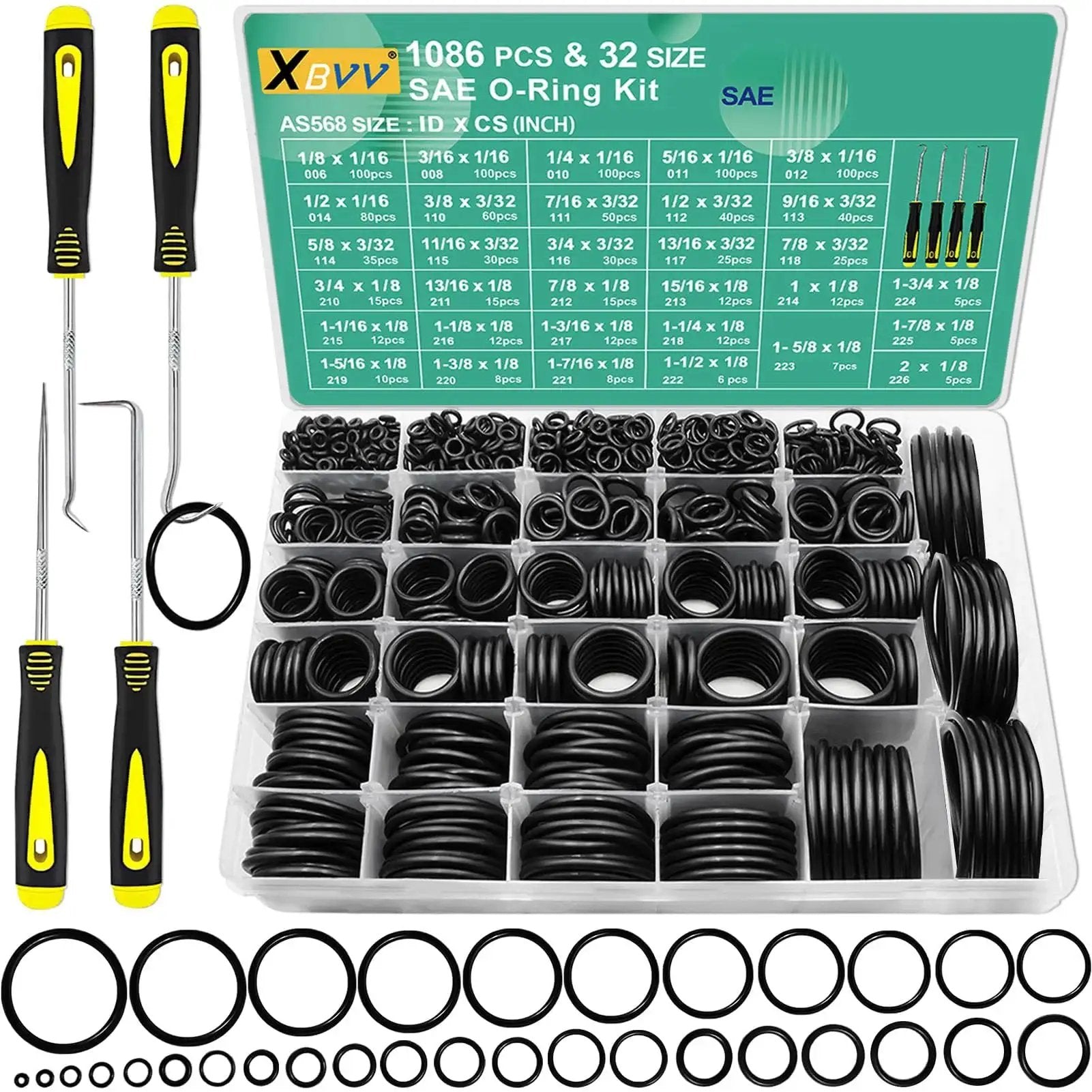 Must-Have 1086-Piece SAE O Ring Assortment Kit With 32 Standard Buna N Rubber Sizes And 4 Pick And Hook Tools displayed