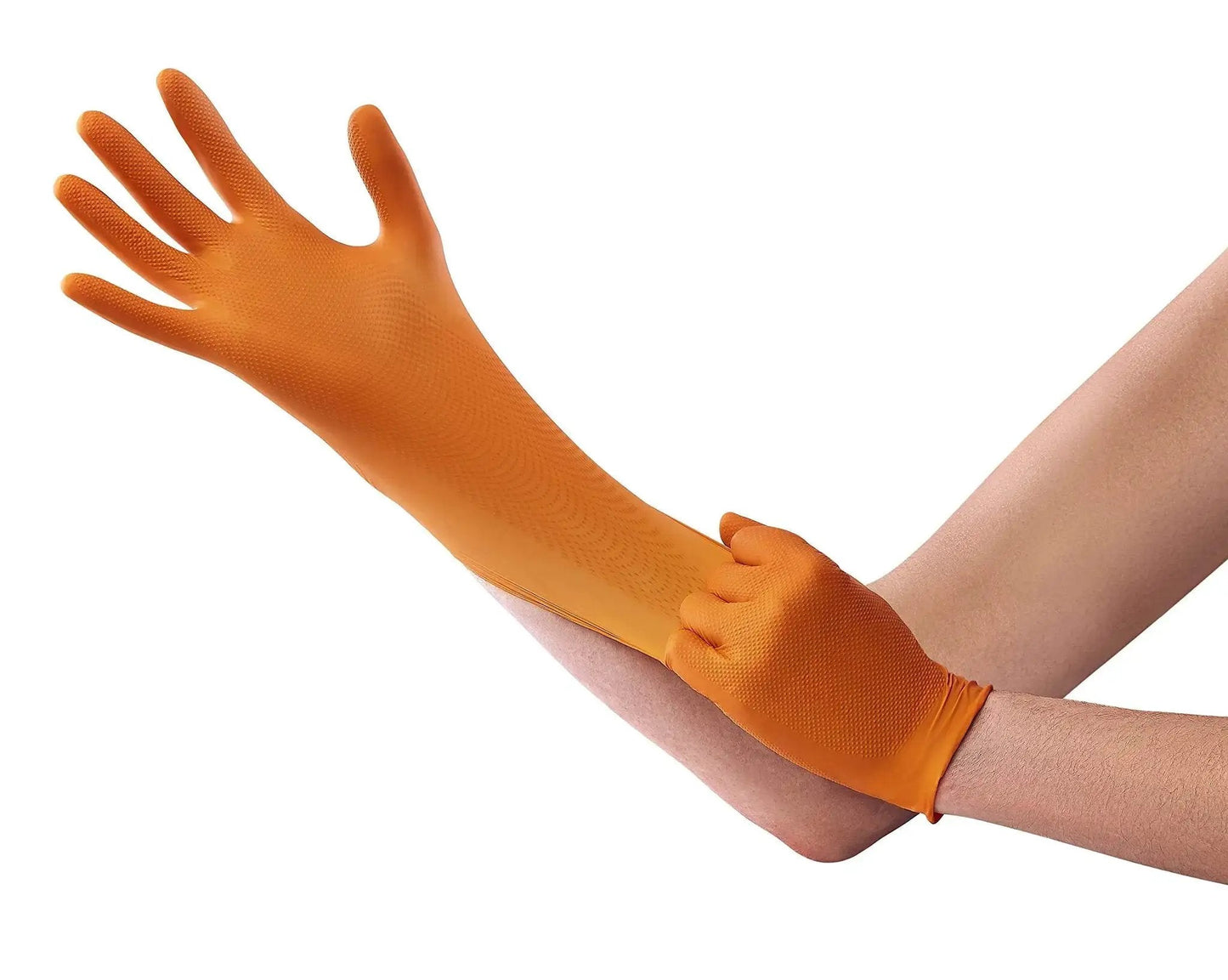 Hi-Visibility Orange Nitrile Gloves 8 Mil Thick Diamond Texture Grip 50 Count being worn