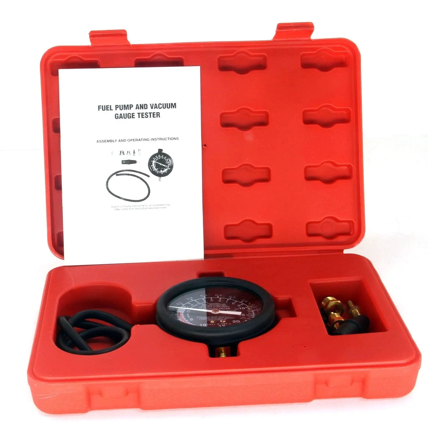 Fuel Pump Pressure Tester Kit With Vacuum Gauge For Carburetor Valve Adjustment in red case with manual and accessories visible