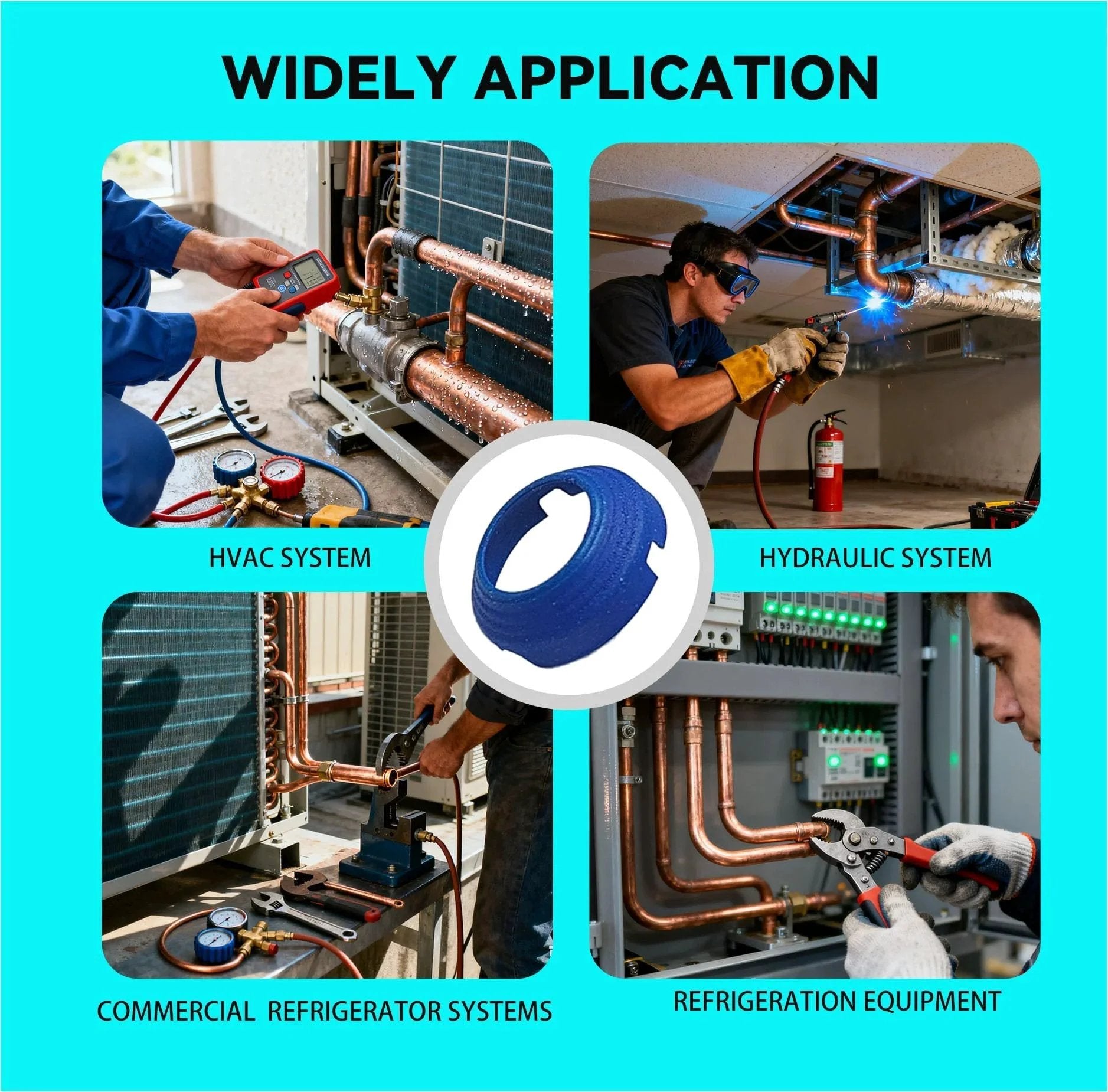 Collage showing Leak Free SAE Flare Fitting Kit used in HVAC, refrigeration, hydraulic, and commercial systems.