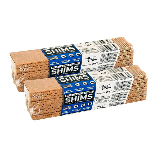 Front view of a 24 pack of 8 inch composite shims, featuring waterproof design for leveling toilets, windows, cabinets, and decks.