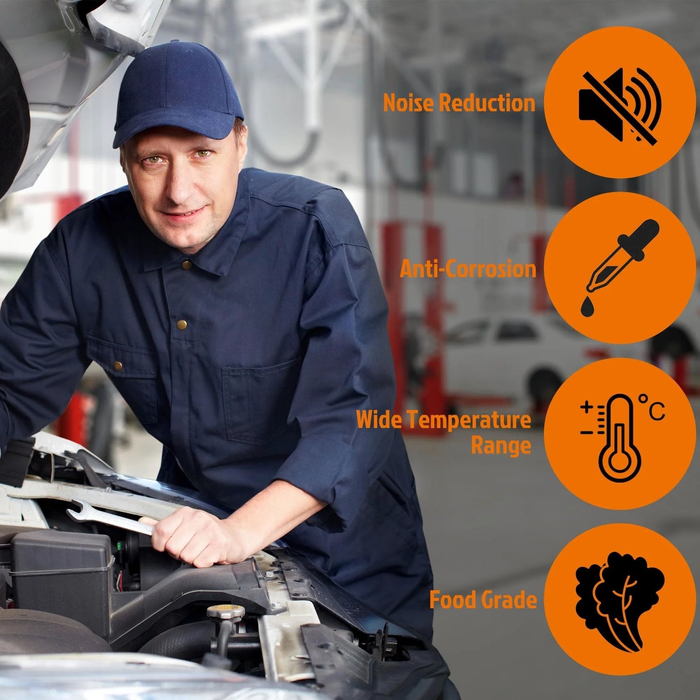 Mechanic near open car hood in garage with icons for noise reduction, anti-corrosion, wide temperature range, food grade
