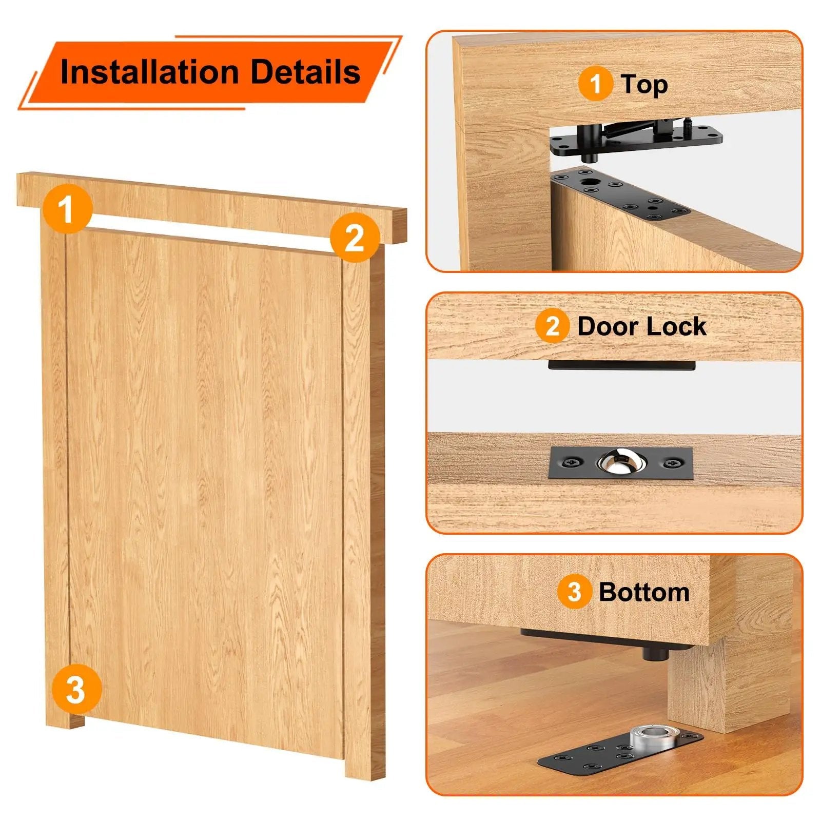 Installation details of Beefy Heavy Duty Hidden Door Hinge with 570 Pound Load Bearing Thickened Solid Alloy Steel 360 Degree Rotation