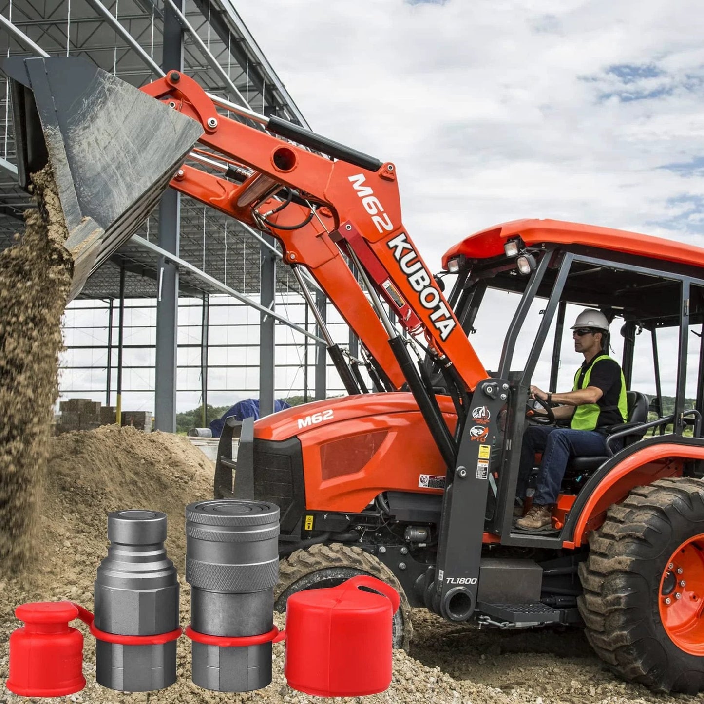 Tractor next to Universal Flat Face Hydraulic Quick Connect Couplers For Skid Steers Pro Grade Heavy Duty With Three Quarter Inch SAE Threads And One Half Body Dust Caps Interchangeable With Bobcat Case New Holland Kubota And Most Models.