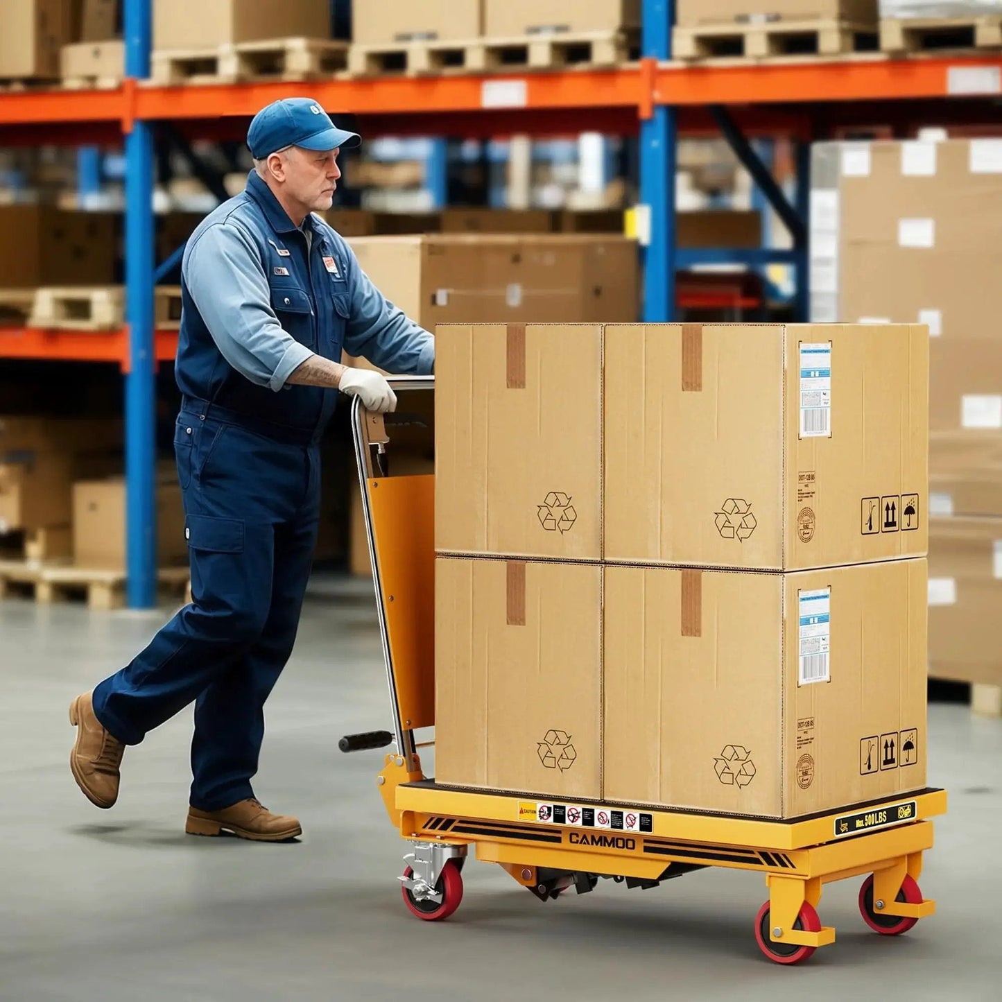 Worker using Foldable Hydraulic Lift Table Cart 500lb Capacity With Non Slip Pad 28.5 Inches to move boxes in a warehouse.