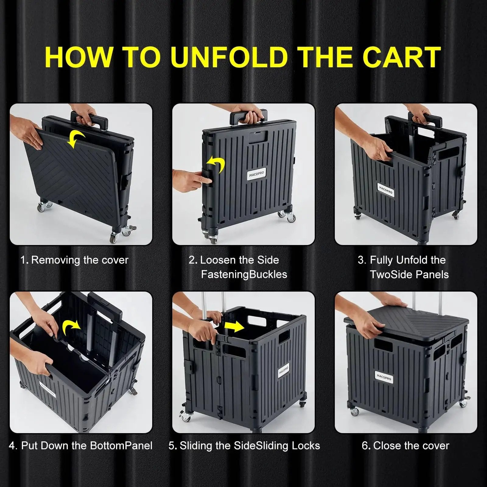 Instructions for unfolding folding utility cart with lid and basket on four 360 degree rotating wheels, black collapsible trolley.