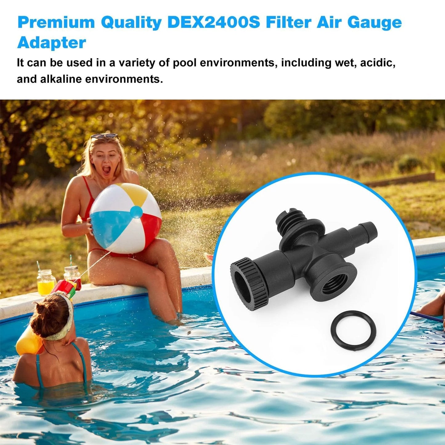 DEX2400S Sand Filter Air Relief Valve Assembly Replacement for Hayward ProGrid with O Ring next to a pool with people.
