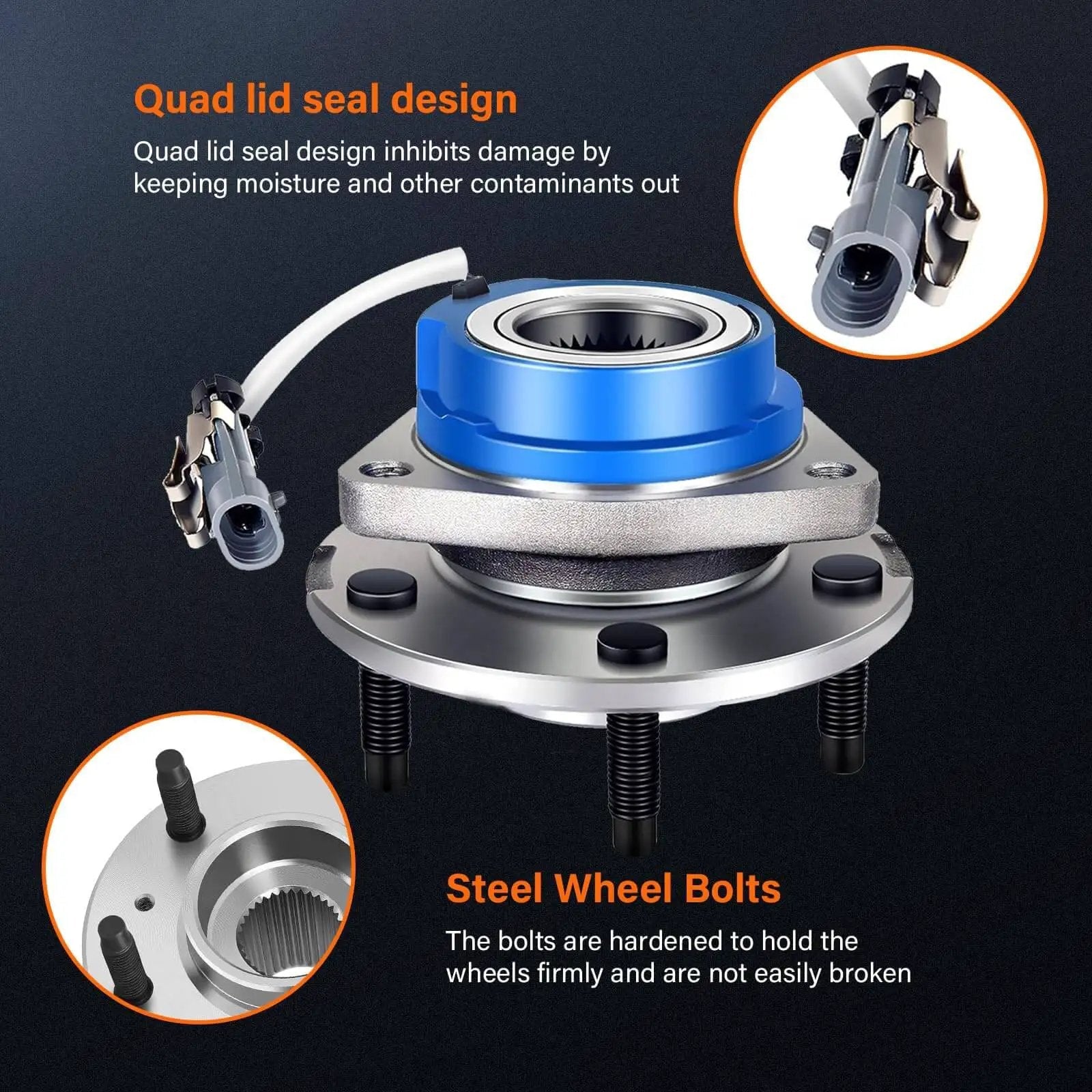 Diagram highlighting features of single front wheel hub bearing assembly 5-lug OE 513121 fit Buick Allure, Cadillac, Chevy, Pontiac, Olds.
