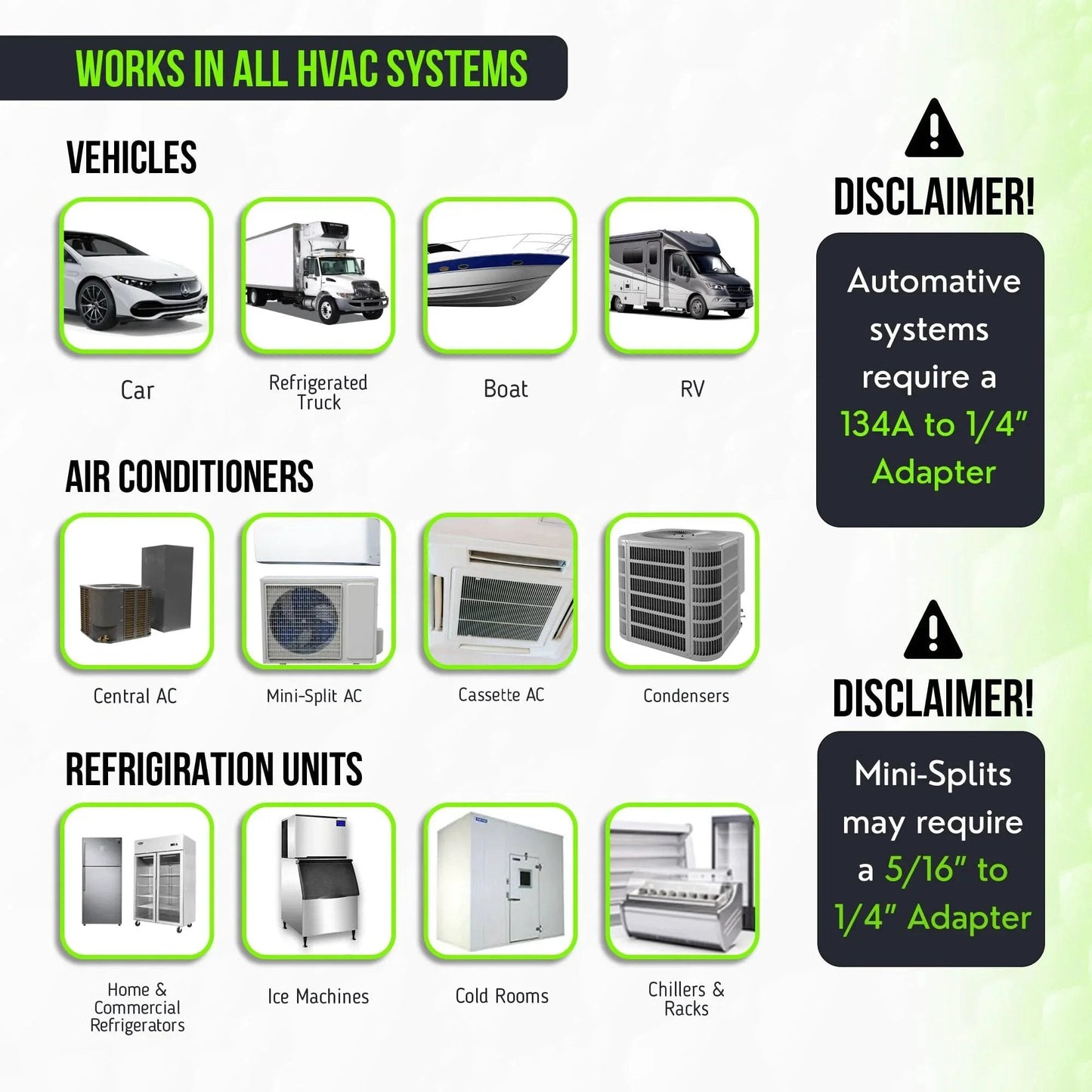 Diagram of HVAC systems including cars, boats, RVs, central ACs, and refrigeration units compatible with Direct Inject AC Leak Sealer For Permanent Refrigerant Leaks In Most HVAC Setups Up To 5 Tons, Stops Leaks Permanently And Works With All Systems And Refrigerants, Made In The USA.