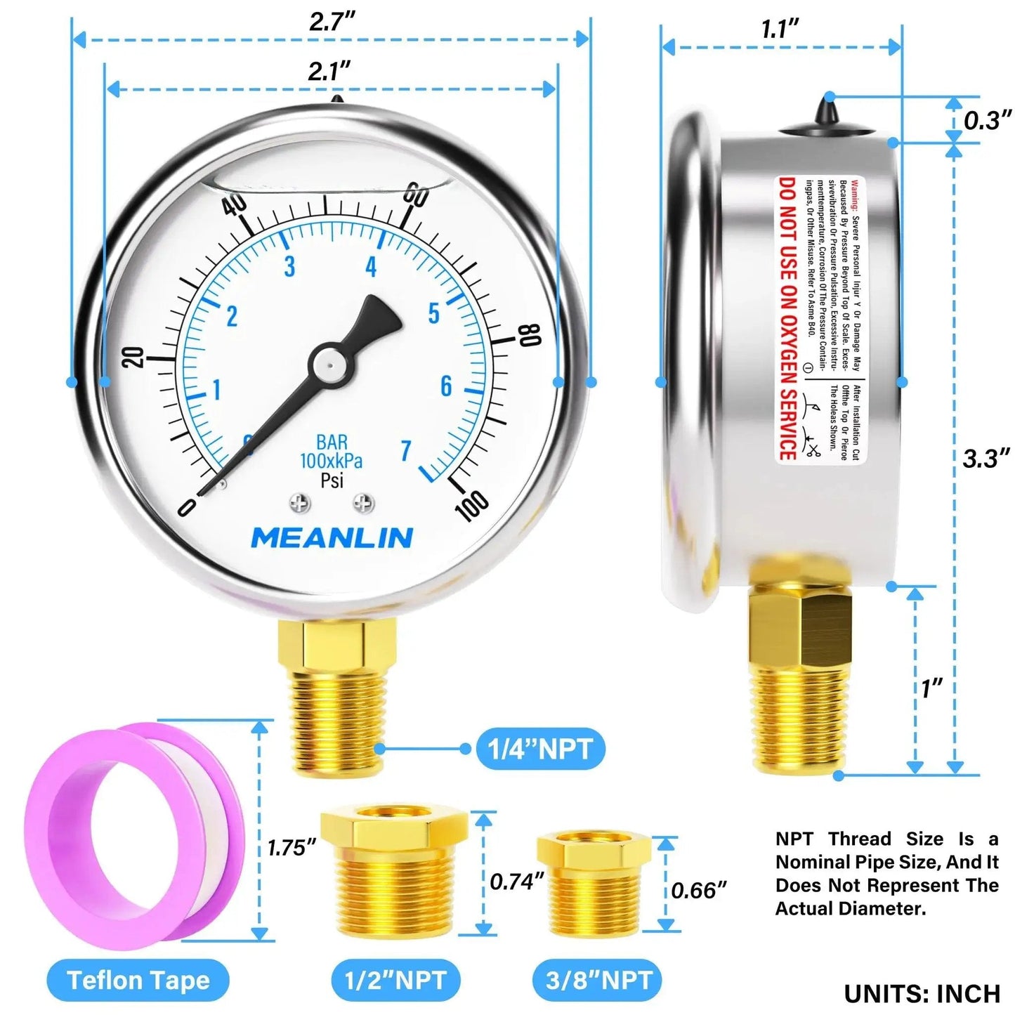 Front and side view of Stainless Steel Liquid Filled Pressure Gauge With 2.5 Inch Dial Face, 0 To 100 Psi And 0 To 0.7 MPa, Lower Mount, 1/4 Inch NPT Connection, WOG Water Oil Air