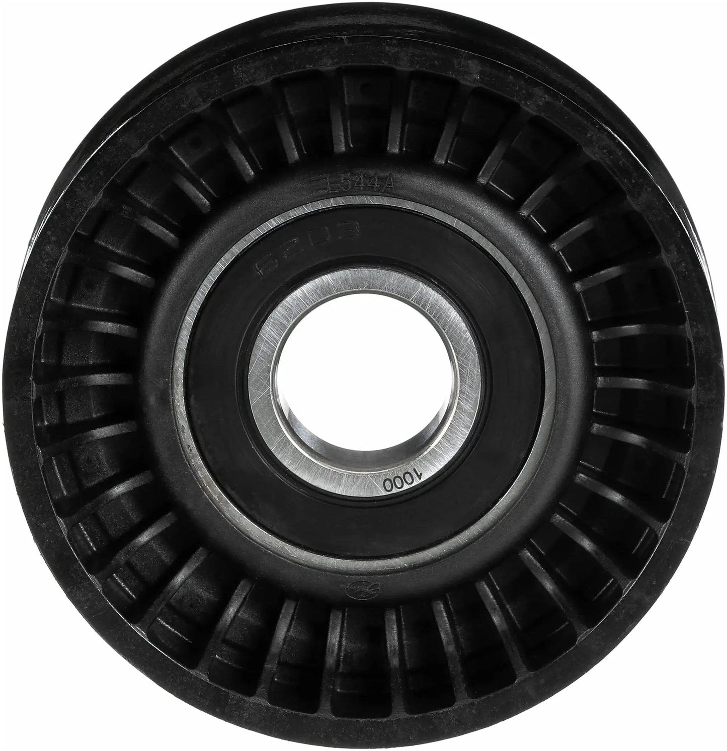 Front view of DriveAlign Belt Drive Idler Tensioner Pulley 38018 with OE Quality Fit, showing steel and thermoplastic construction.