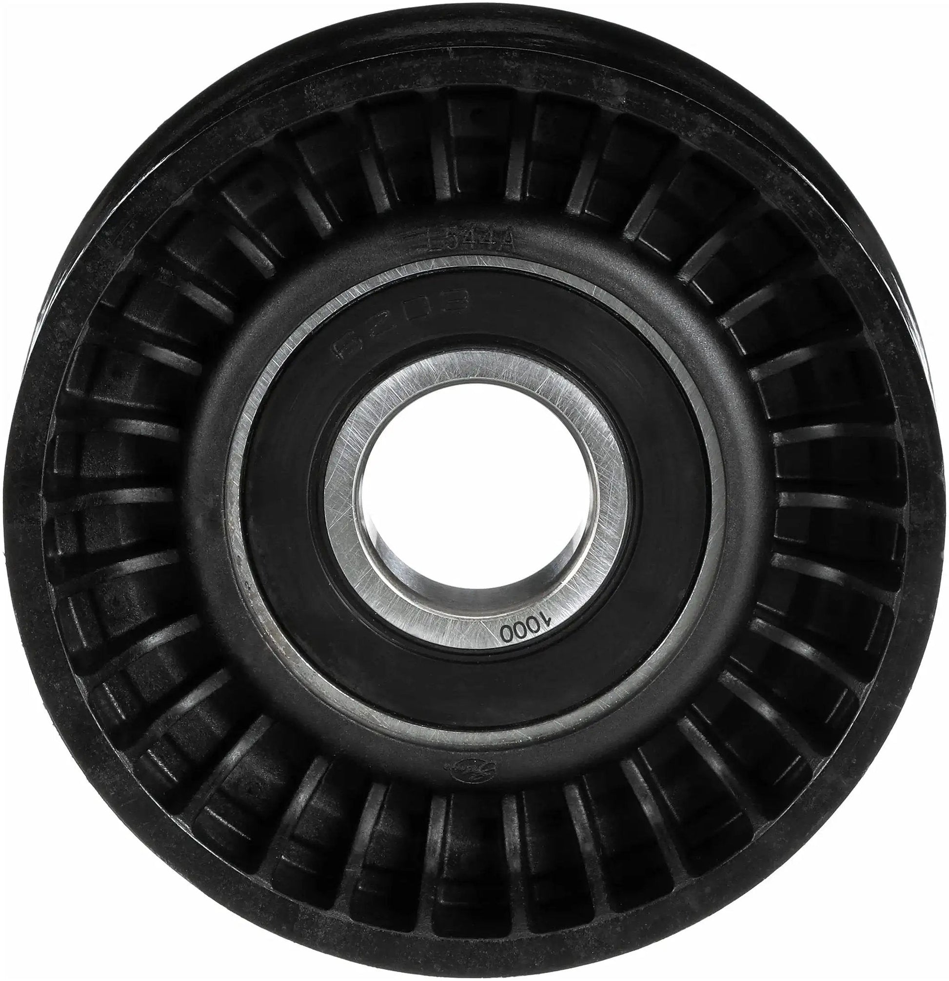 Front view of DriveAlign Belt Drive Idler Tensioner Pulley 38018 with OE Quality Fit, showing steel and thermoplastic construction.
